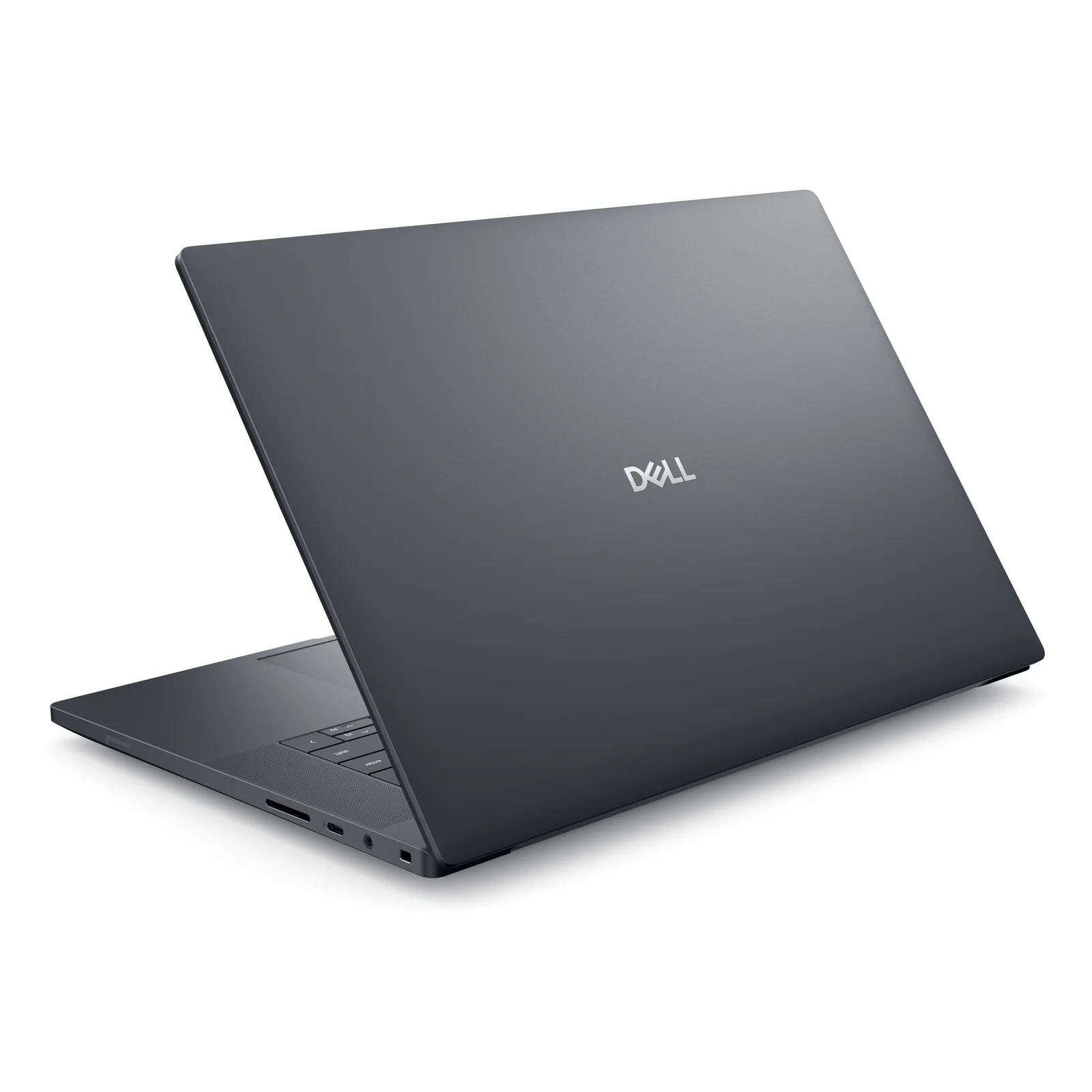 Vue arrière trois quarts droit du capot noir avec logo Dell et ports USB-C visibles sur le flanc