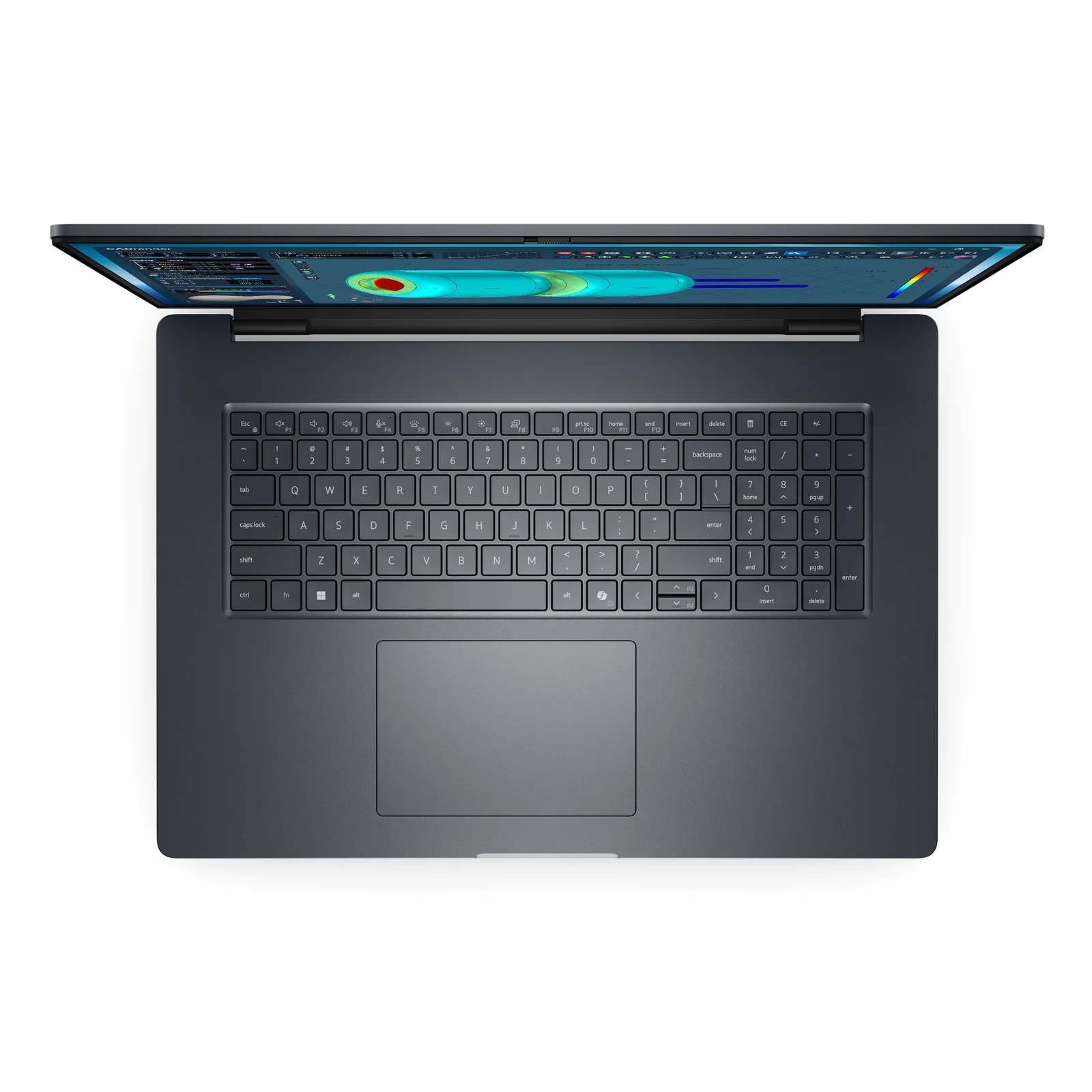 Vue du dessus, clavier complet avec pavé numérique et grand trackpad, teinte gris ardoise uniforme