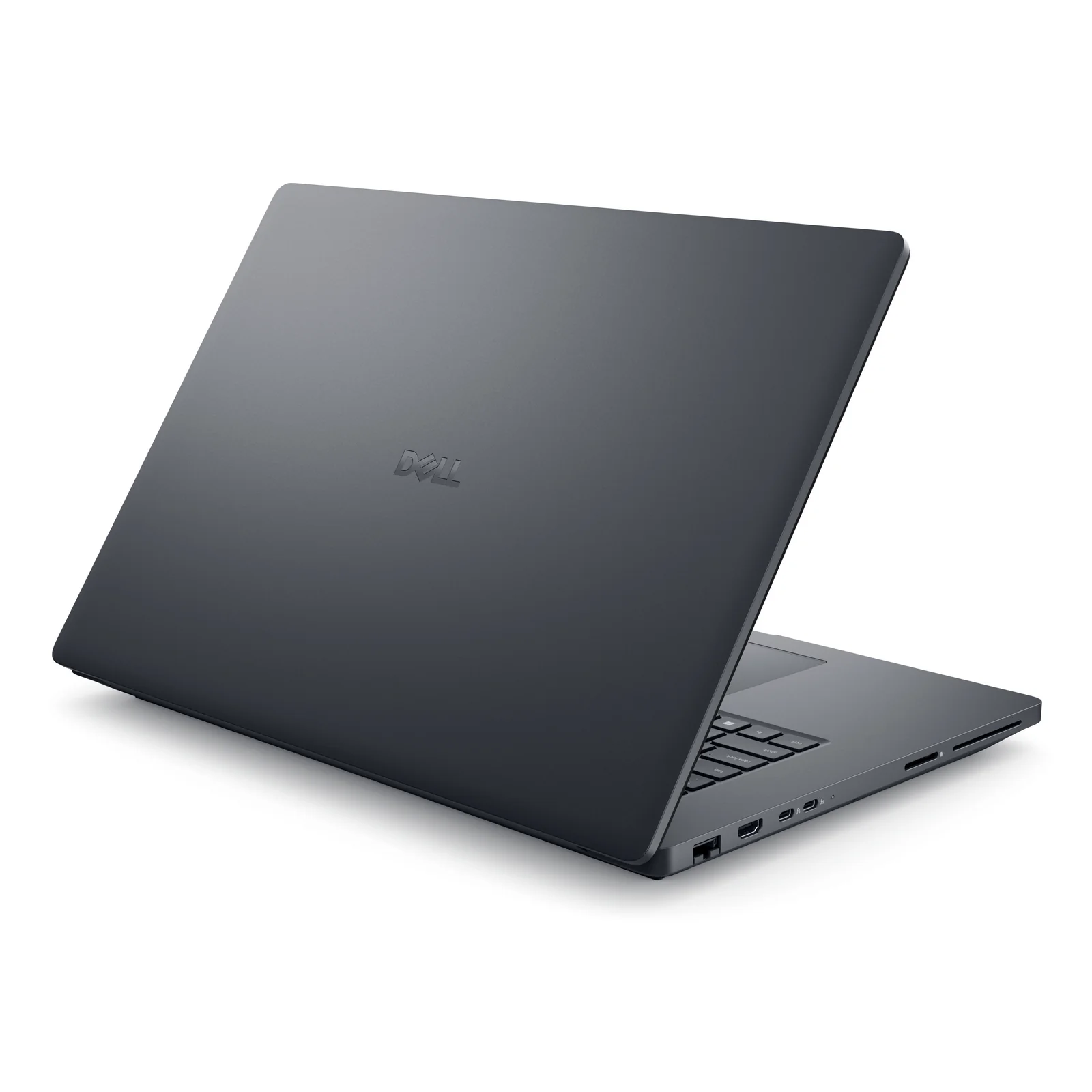 Dos de l'appareil vu de trois-quarts droit, couvercle gris magnetite avec logo Dell, ports sur le flanc droit