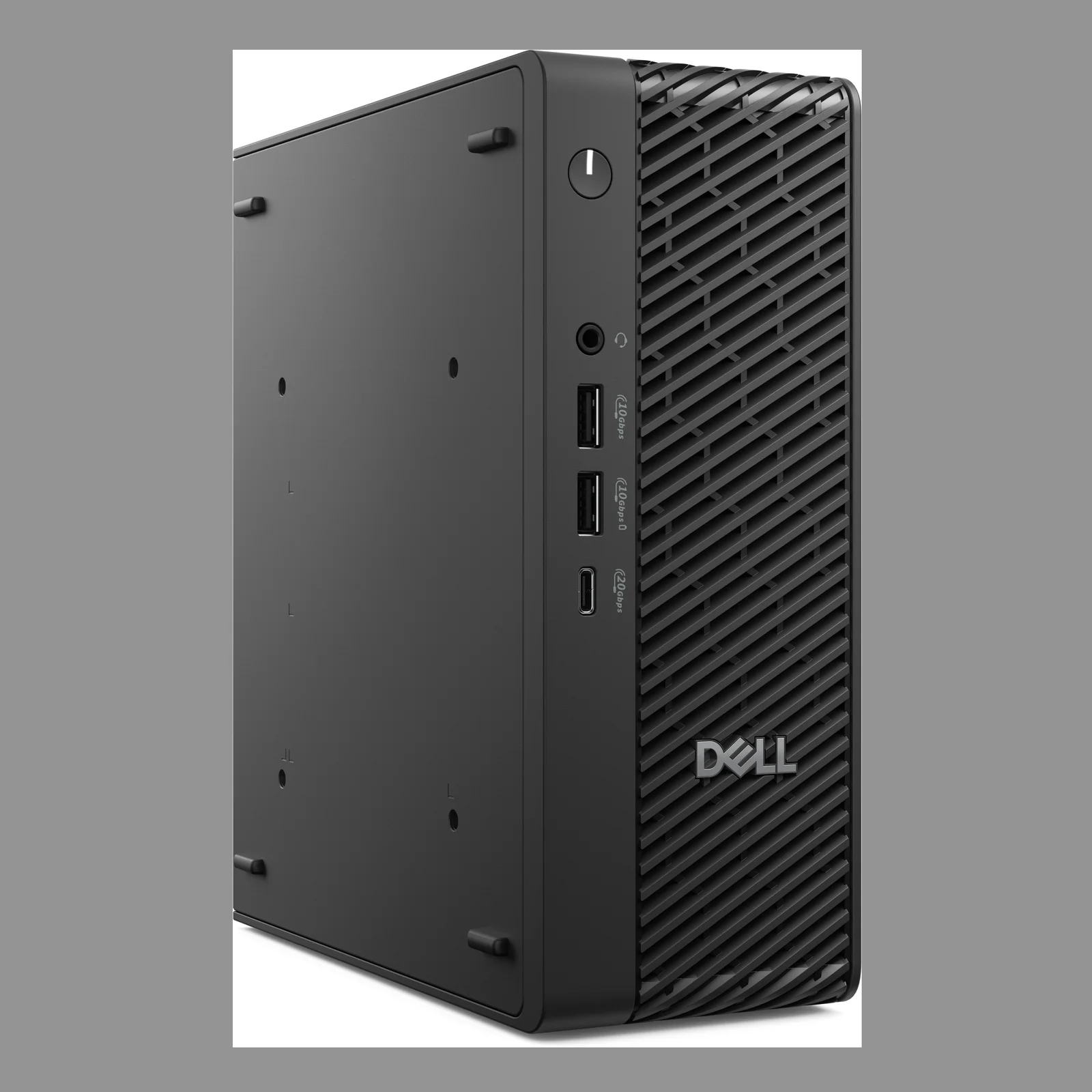 Vue trois-quarts du mini PC compact en position verticale montrant la façade ventilée et le flanc lisse