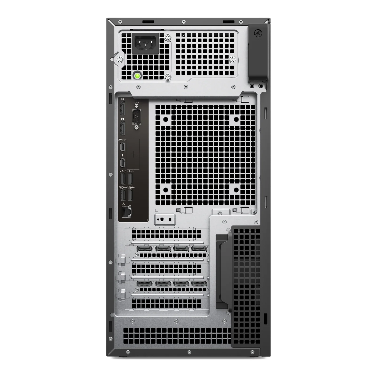Vue arrière détaillée de la connectique avec deux DisplayPort, port série, deux USB-C dont Thunderbolt 4, quatre USB-A et port Ethernet RJ-45