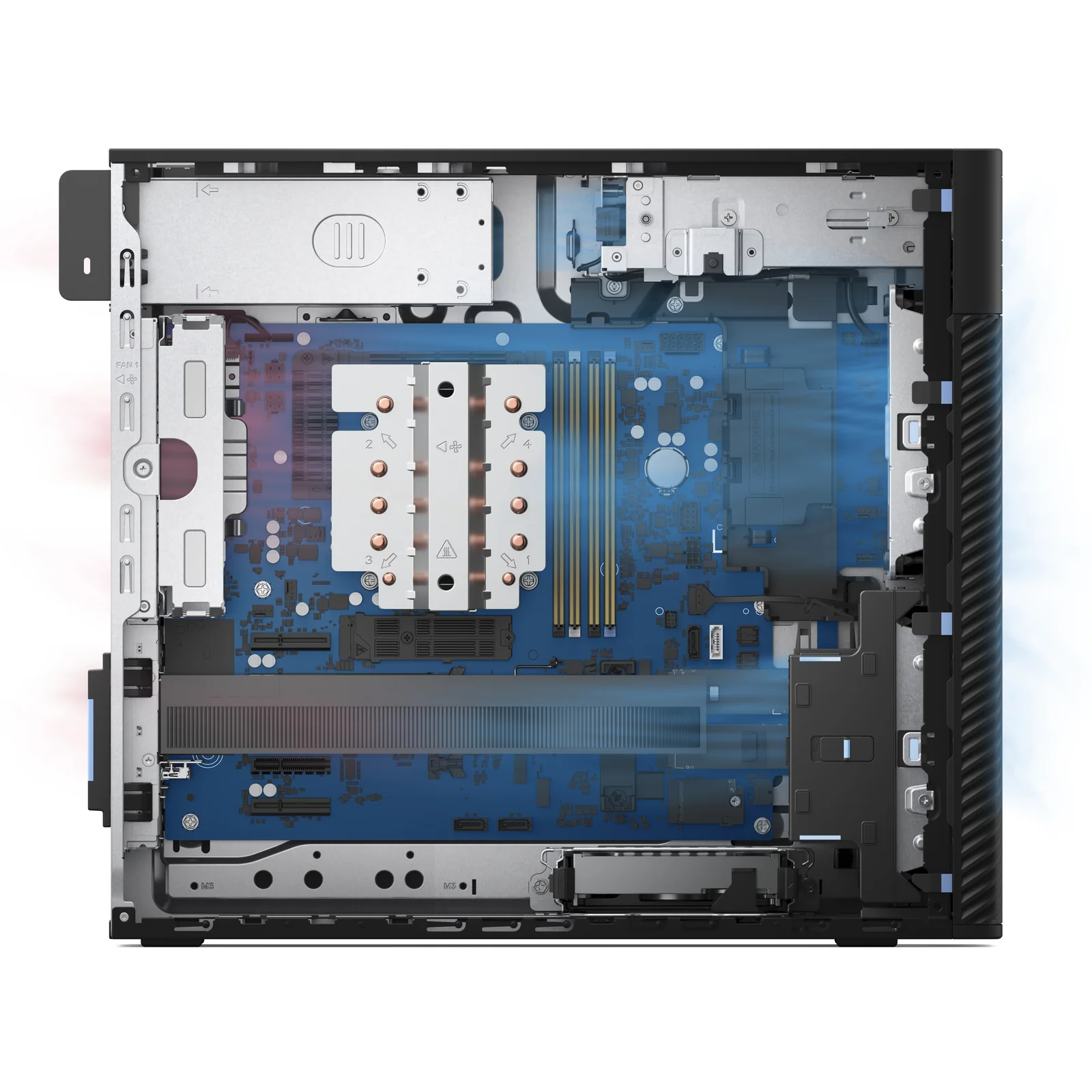 Vue intérieure du dessus de la tour Dell Pro Max avec dissipateur CPU à caloducs cuivre, slots DIMM, emplacements M.2 et connecteurs SATA