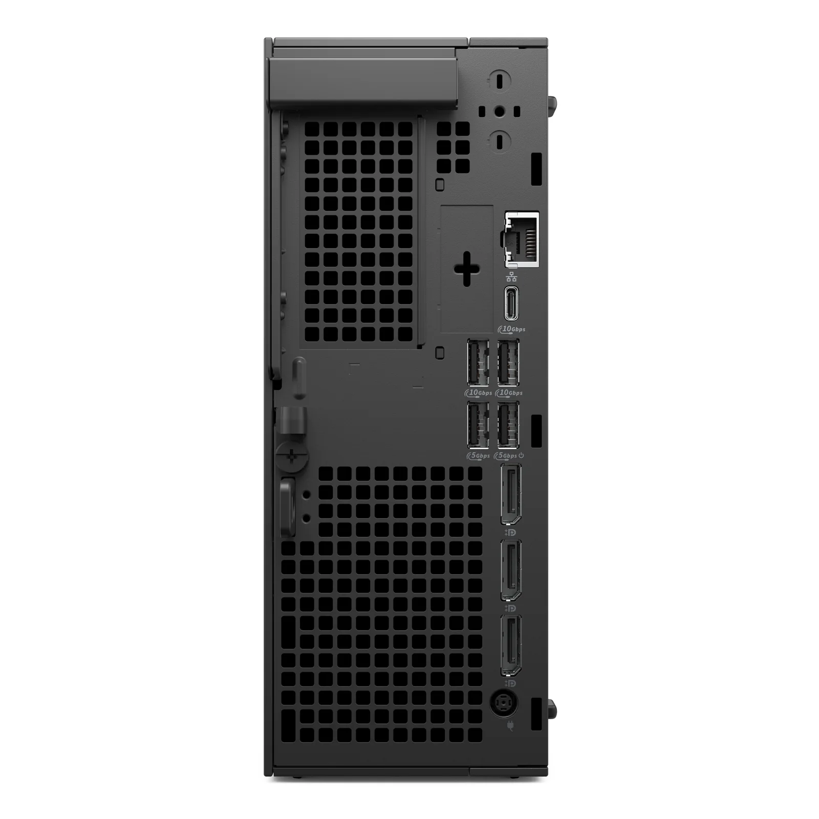 Panneau arrière du mini PC avec triple DisplayPort, USB-C 10 Gbps, ports USB-A, RJ45 Gigabit et prise alimentation continue