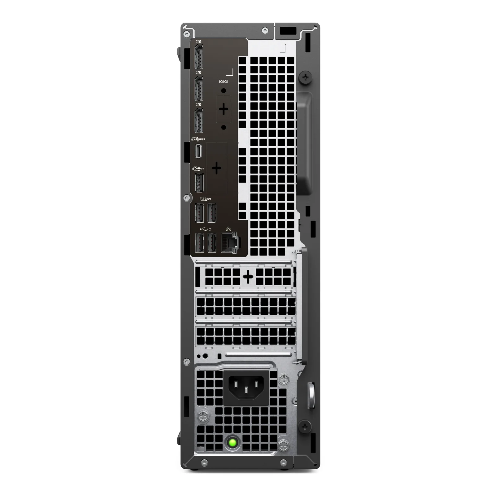 Vue arrière du châssis montrant 3 sorties DisplayPort, USB-C, USB-A, RJ45, prise secteur et emplacements PCIe