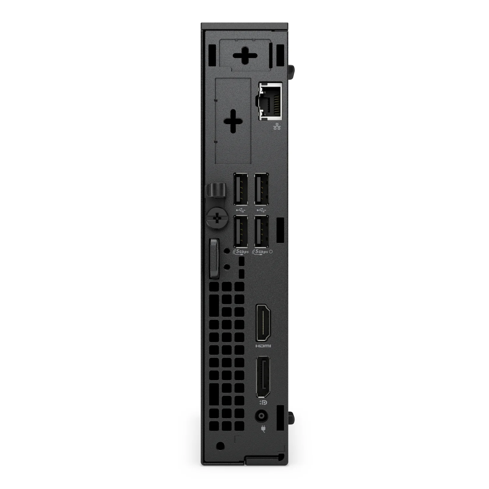 Face arrière du mini PC avec port RJ-45, 4 ports USB-A, sortie HDMI et DisplayPort, prise d'alimentation