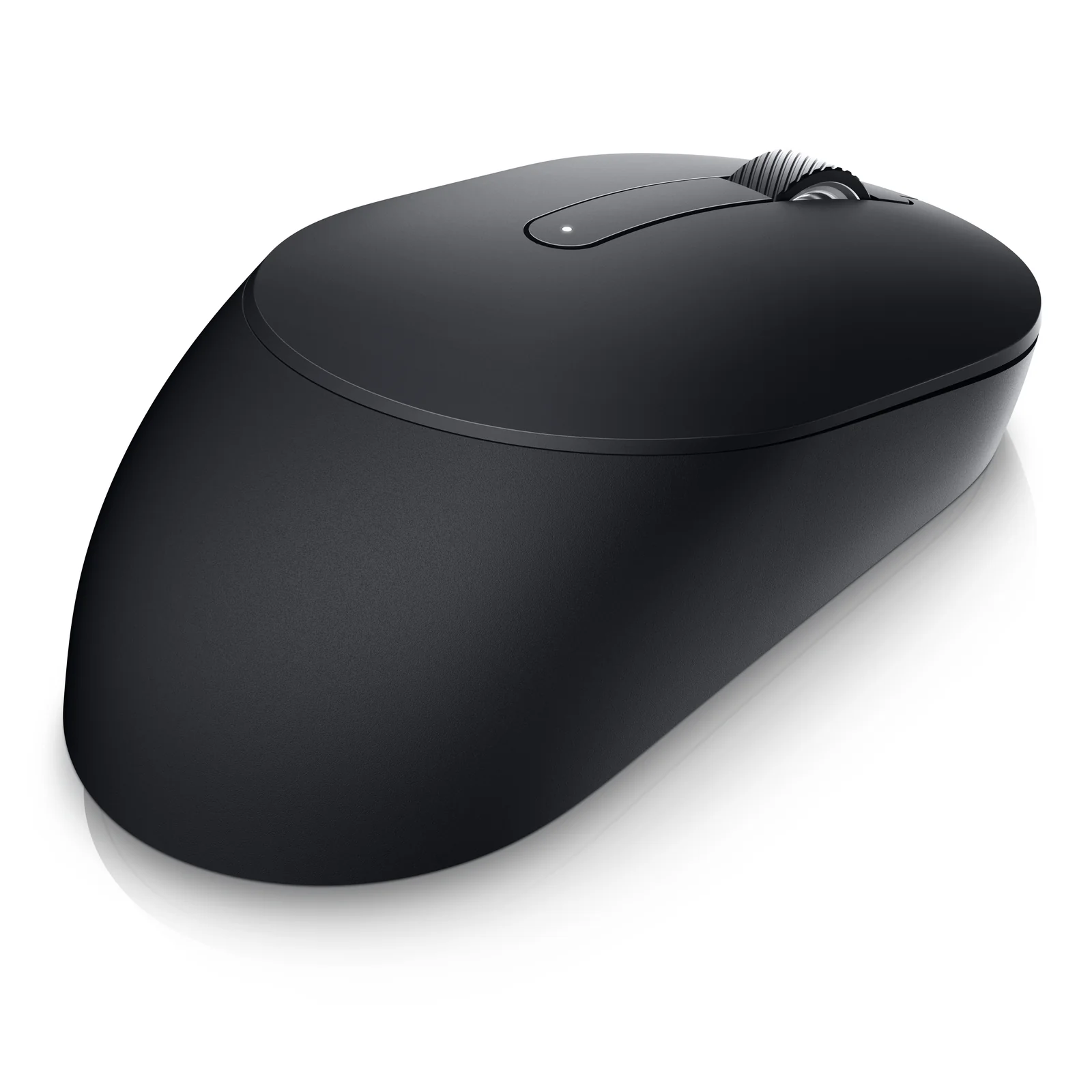 Souris noire vue de trois quarts, surface mate uniforme et molette de défilement centrale