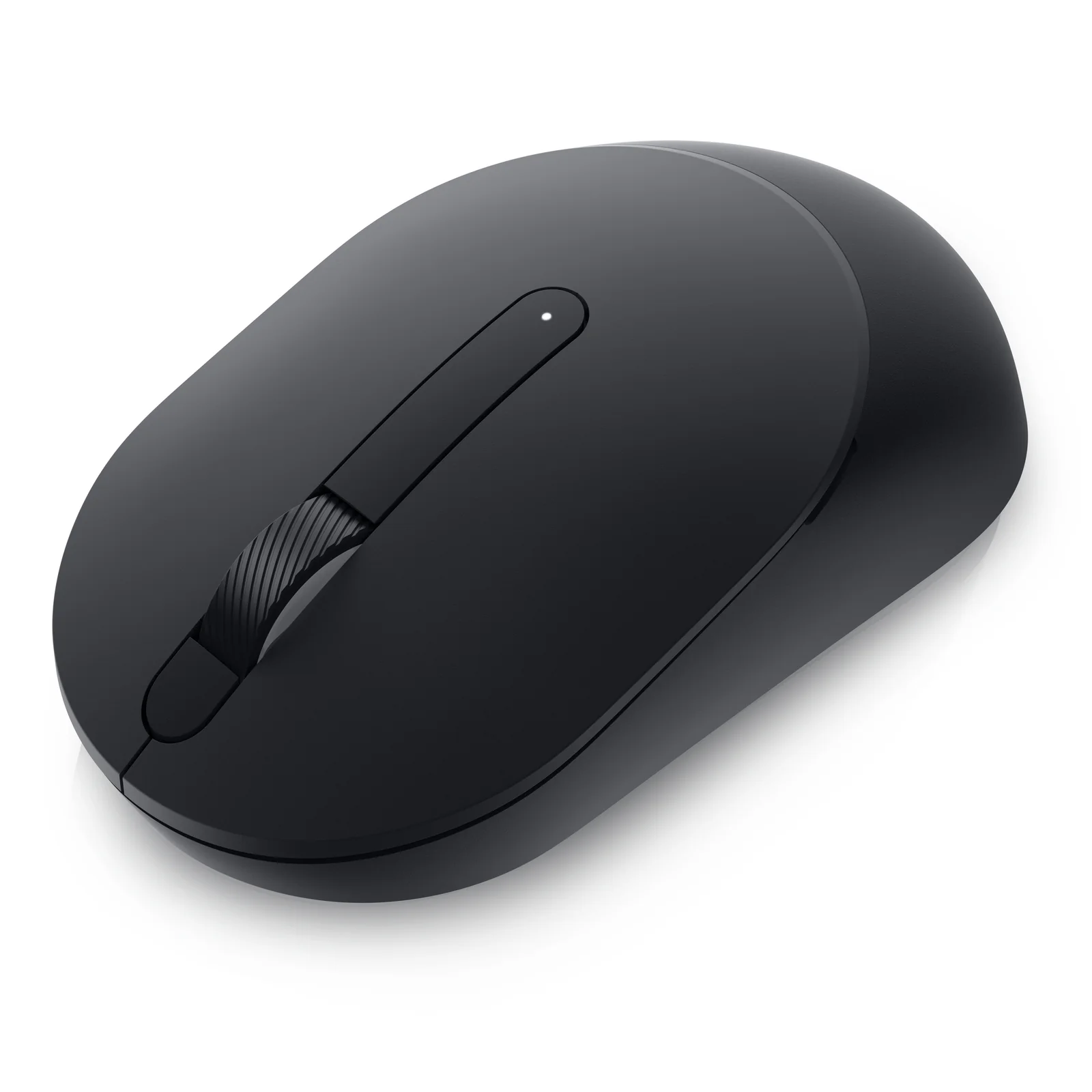 Souris noire en vue de dessus rapprochée, bouton de changement de résolution sous la molette