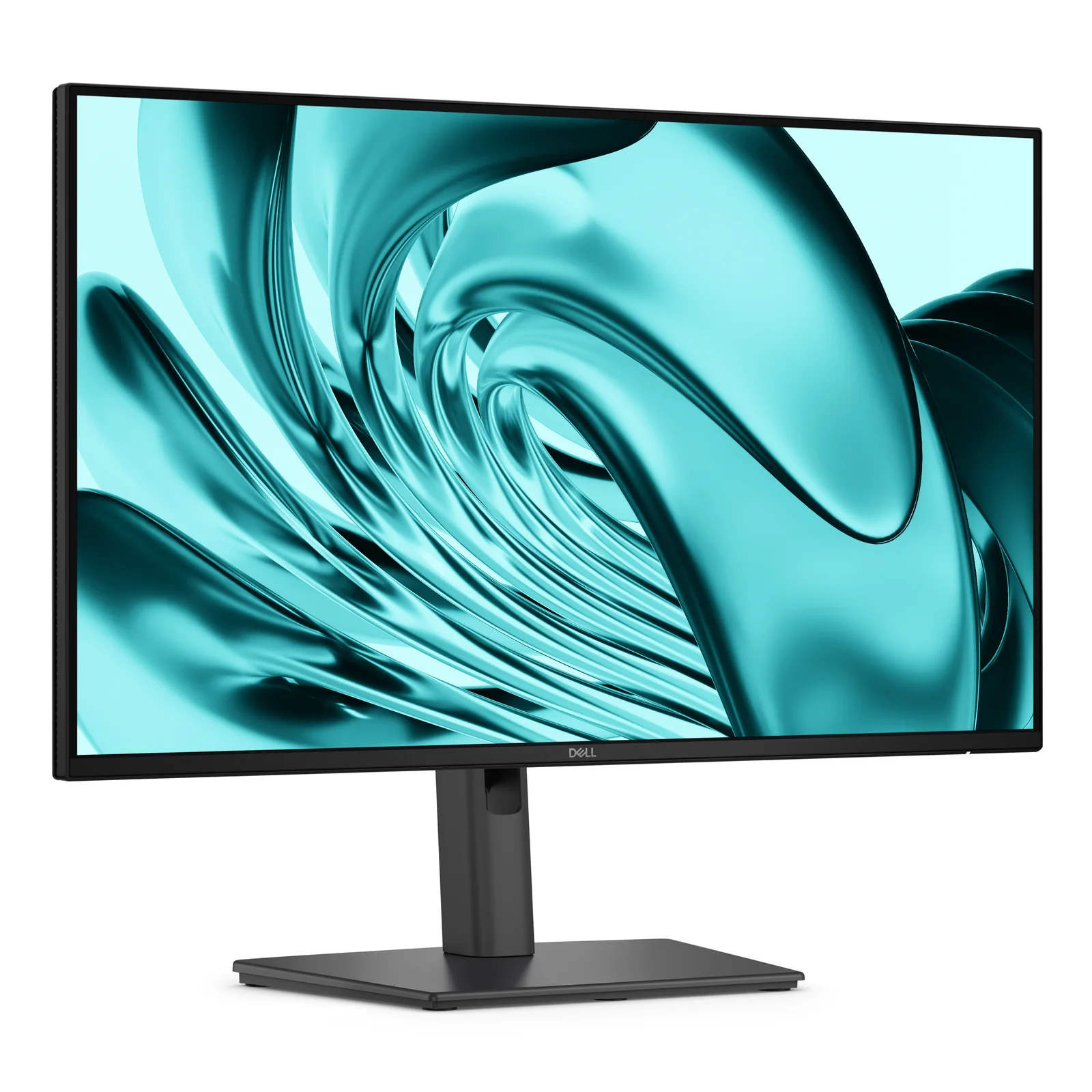 Vue trois quarts du moniteur 24 pouces sur pied avec fond turquoise, bordures fines et logo central visible