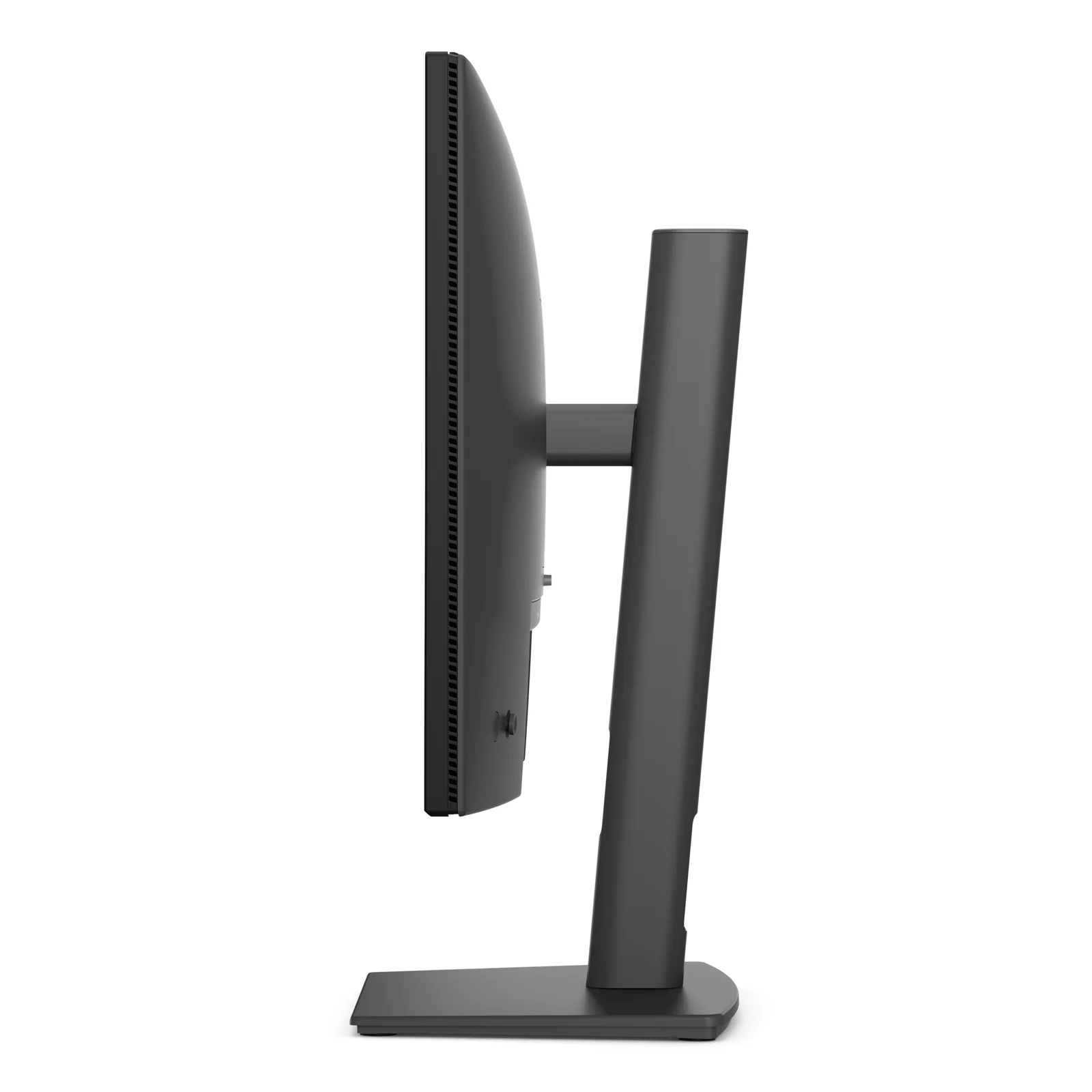 Profil latéral gauche du moniteur 24 pouces sur pied avec colonne ajustable et base posée sur fond blanc