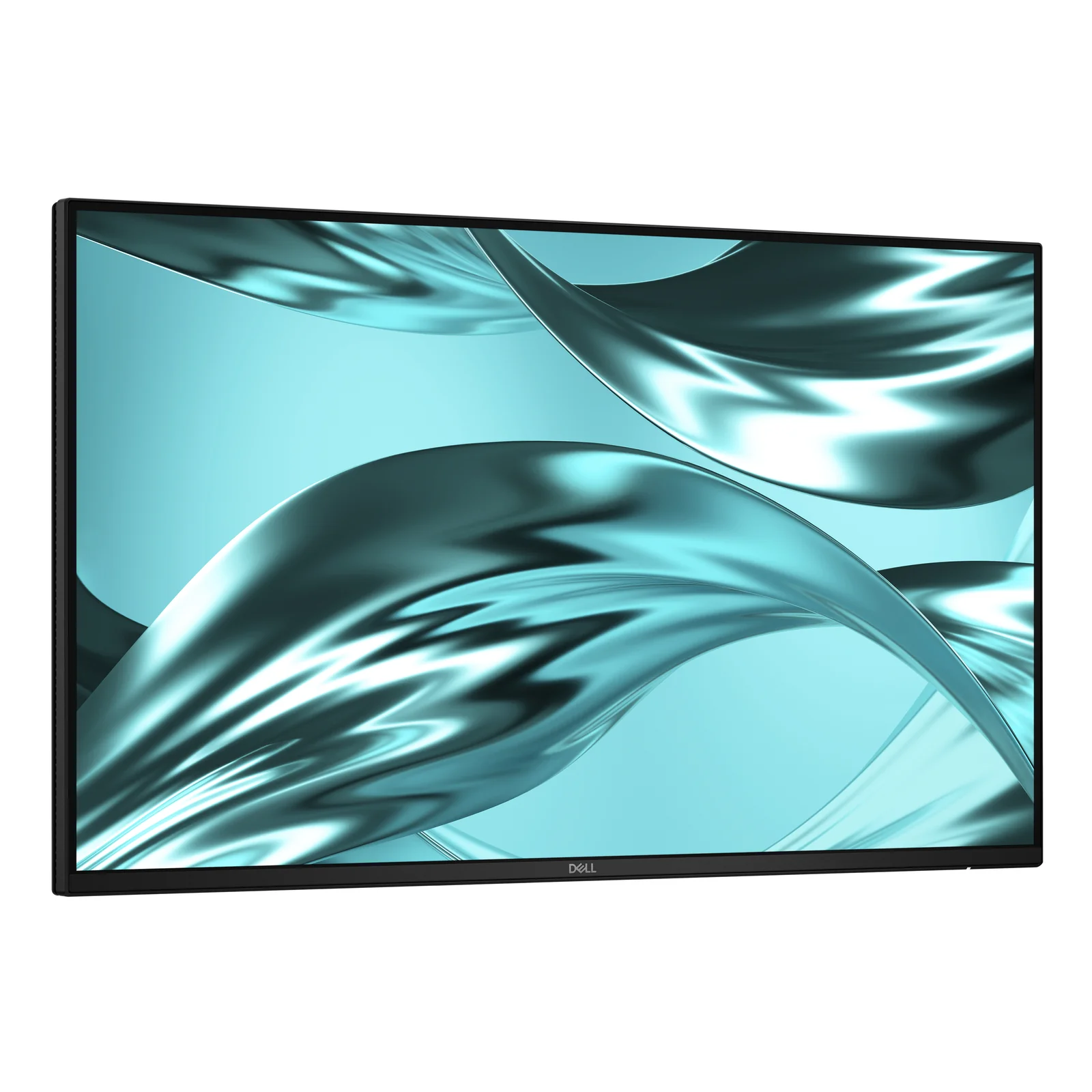 Vue trois quarts du moniteur 24 pouces sans pied avec fond turquoise, dalle plate et logo central en bas