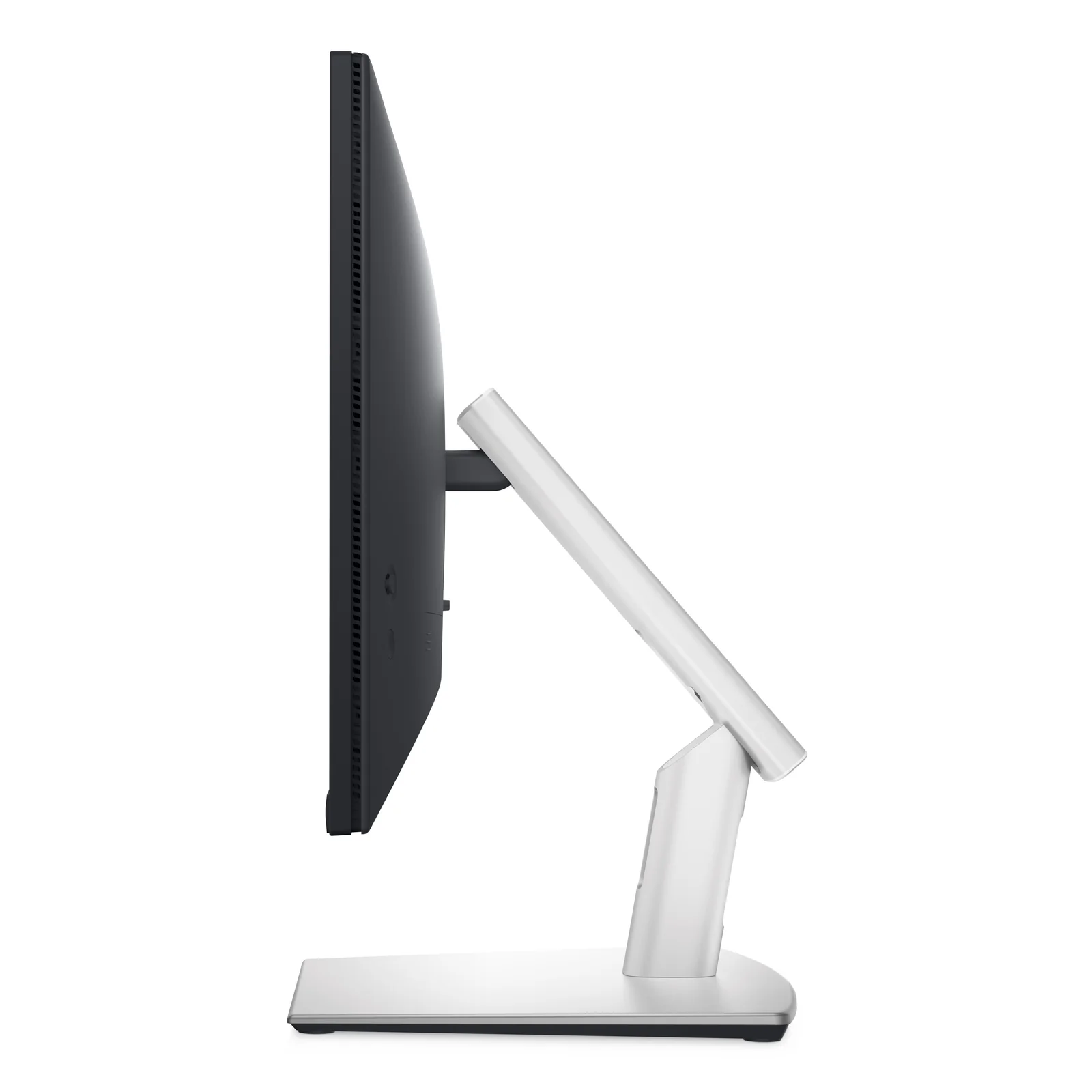 Profil gauche du moniteur, pied articulé argent visible avec deux pivots permettant la bascule