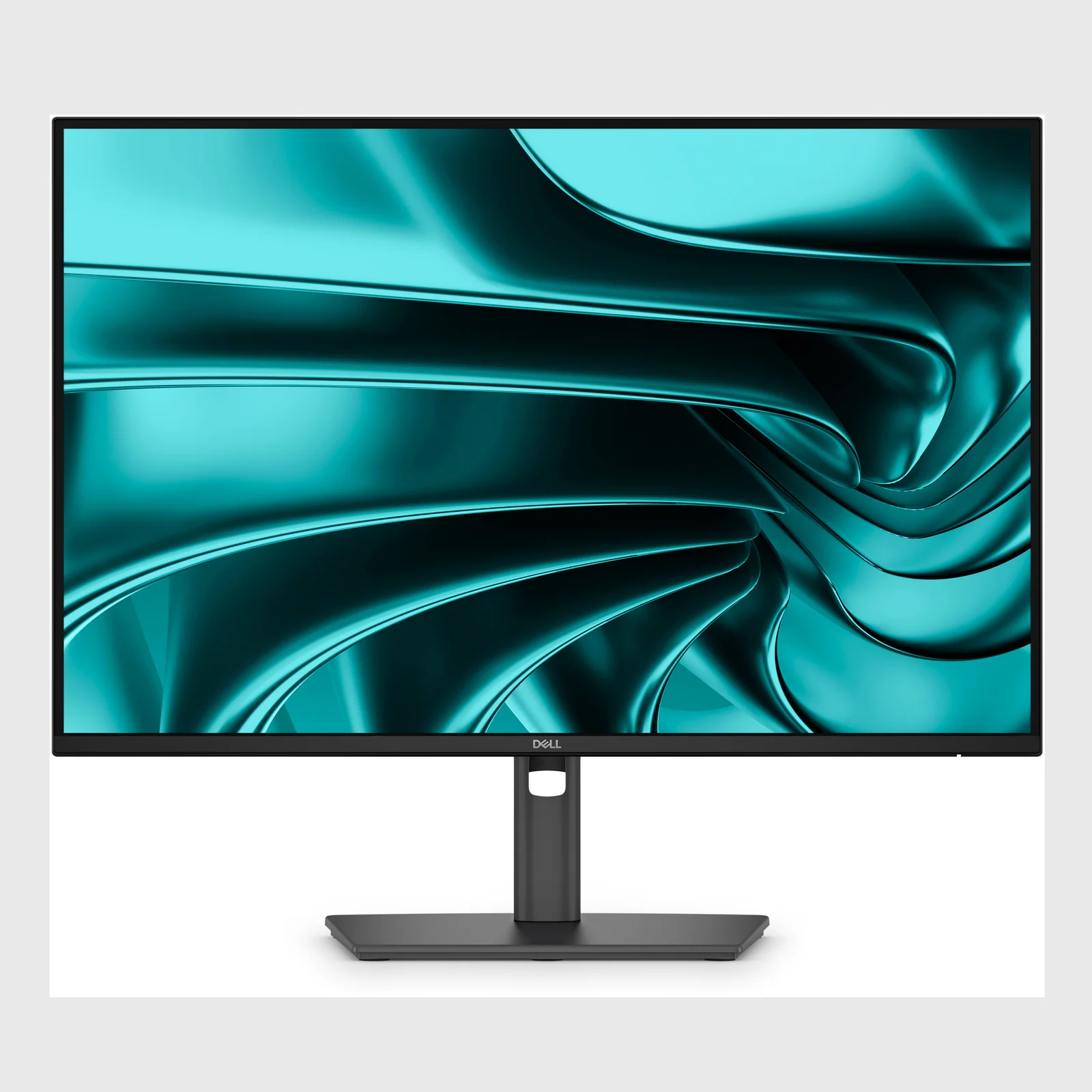 Moniteur Dell vu de face avec pied central et fond d'écran turquoise satiné