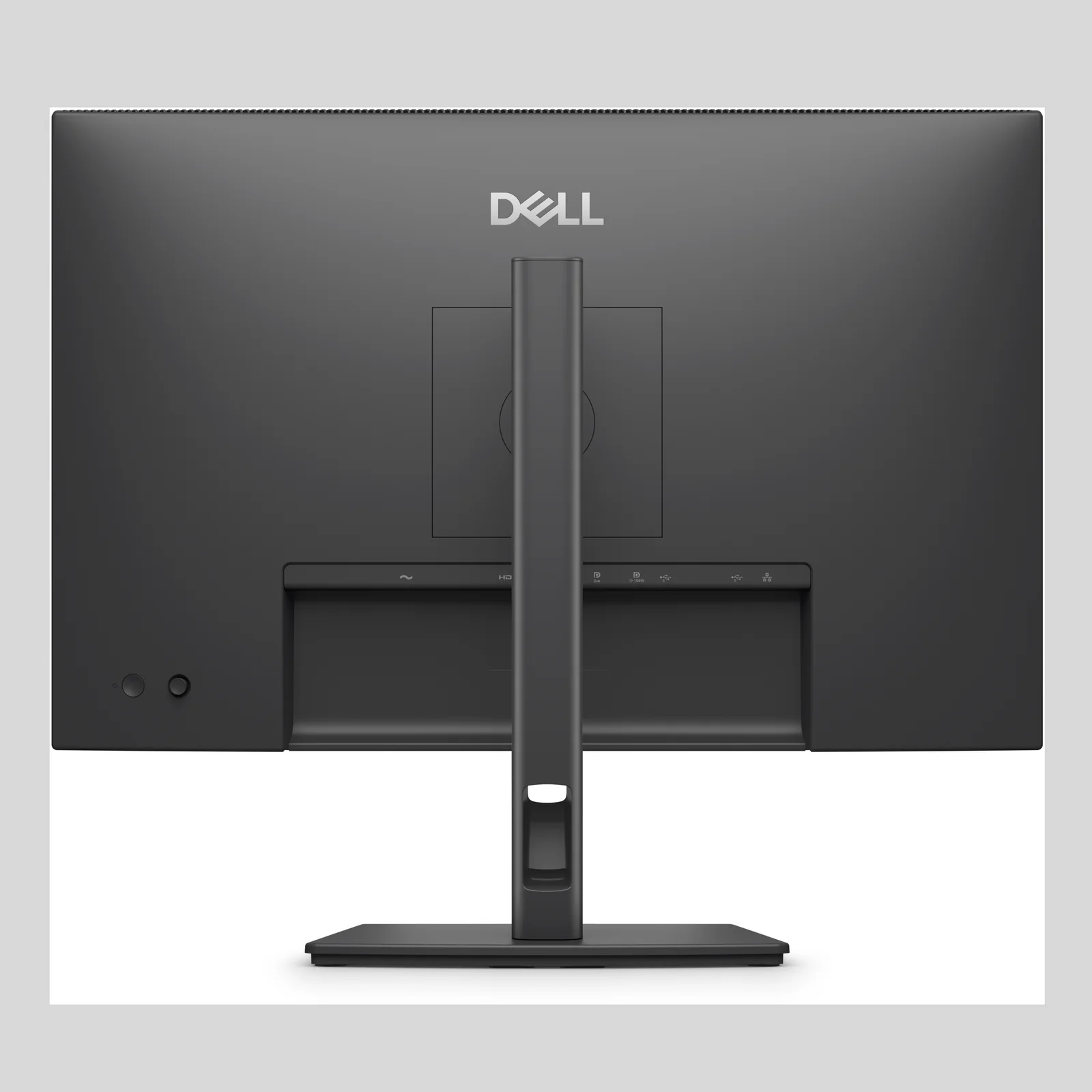 Vue arrière du moniteur montrant le logo Dell, le support et la rangée de connectique sous la dalle