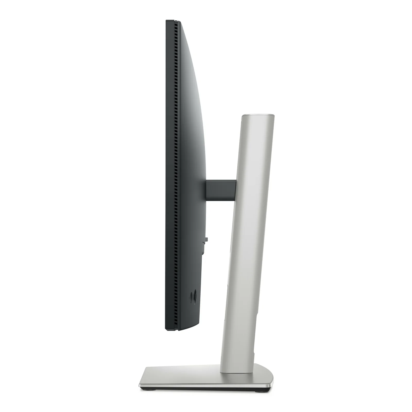 Profil droit, dos noir avec grille de ventilation, pied colonne argenté et base plate