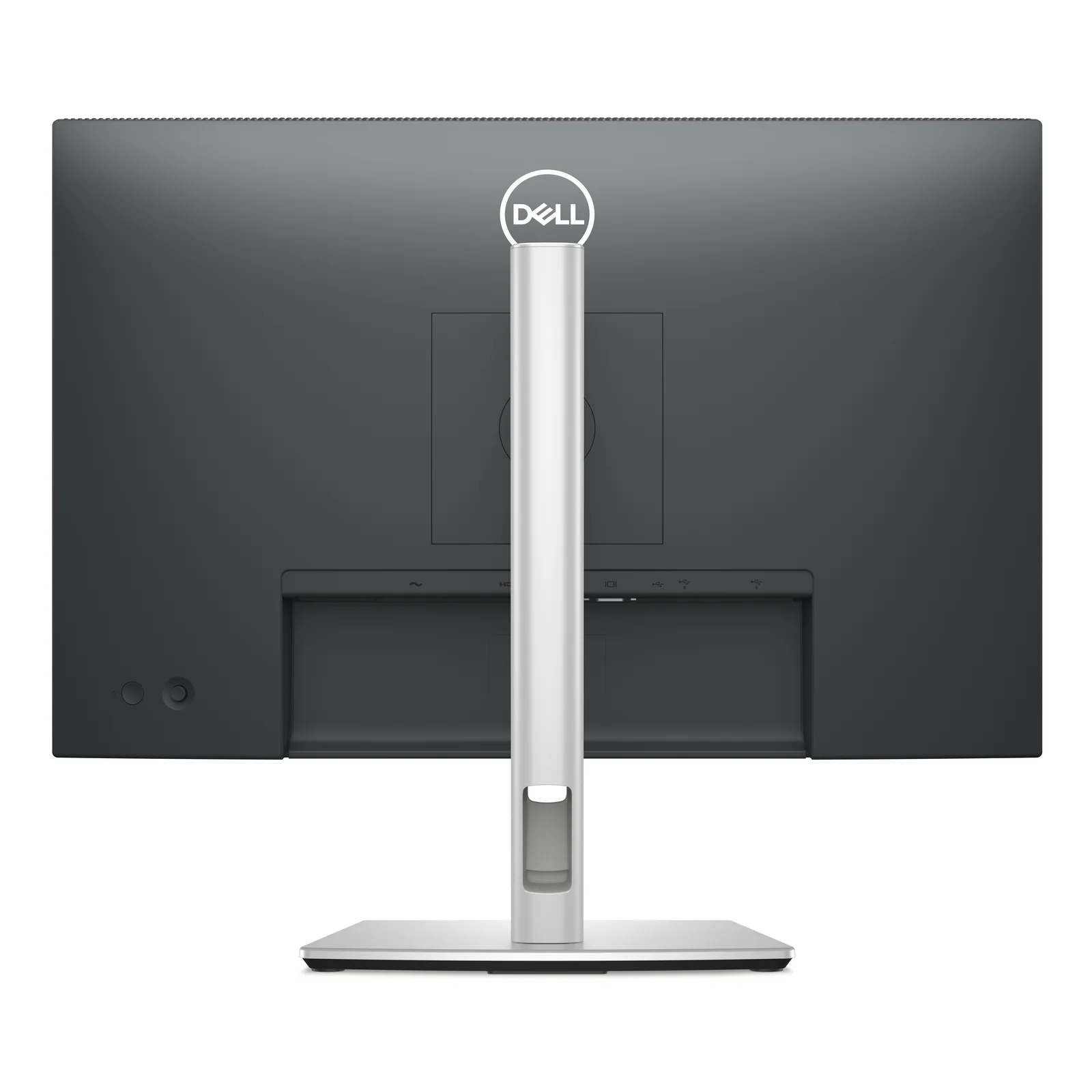 Vue arrière avec logo Dell sur la colonne, fixation VESA 100x100 mm et passage de câbles dans la colonne