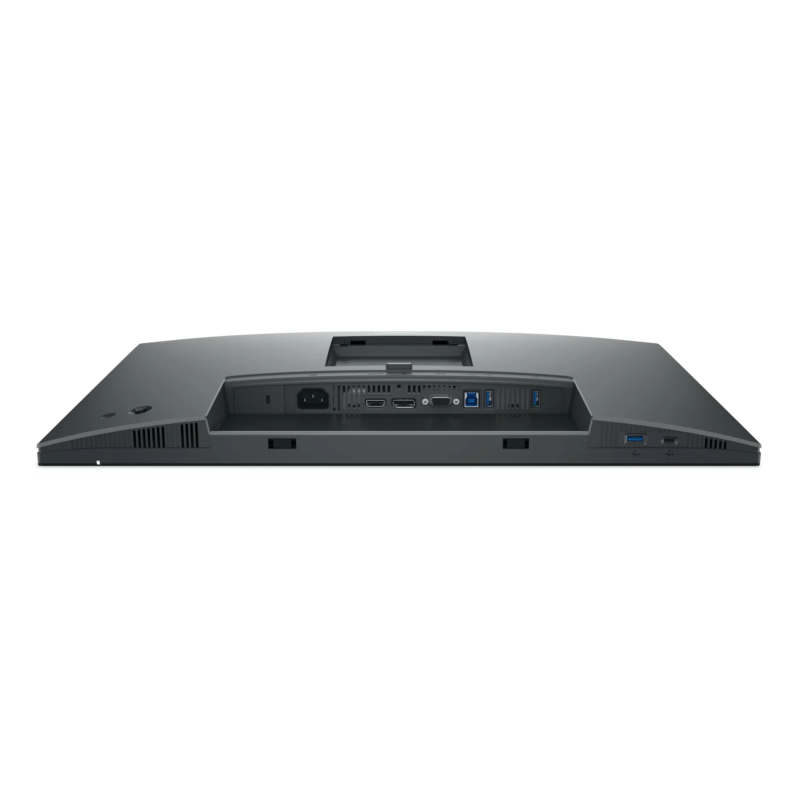 Plan rapproché des connectiques inférieures, alimentation, HDMI, DisplayPort, VGA, USB-B amont et hub USB aval