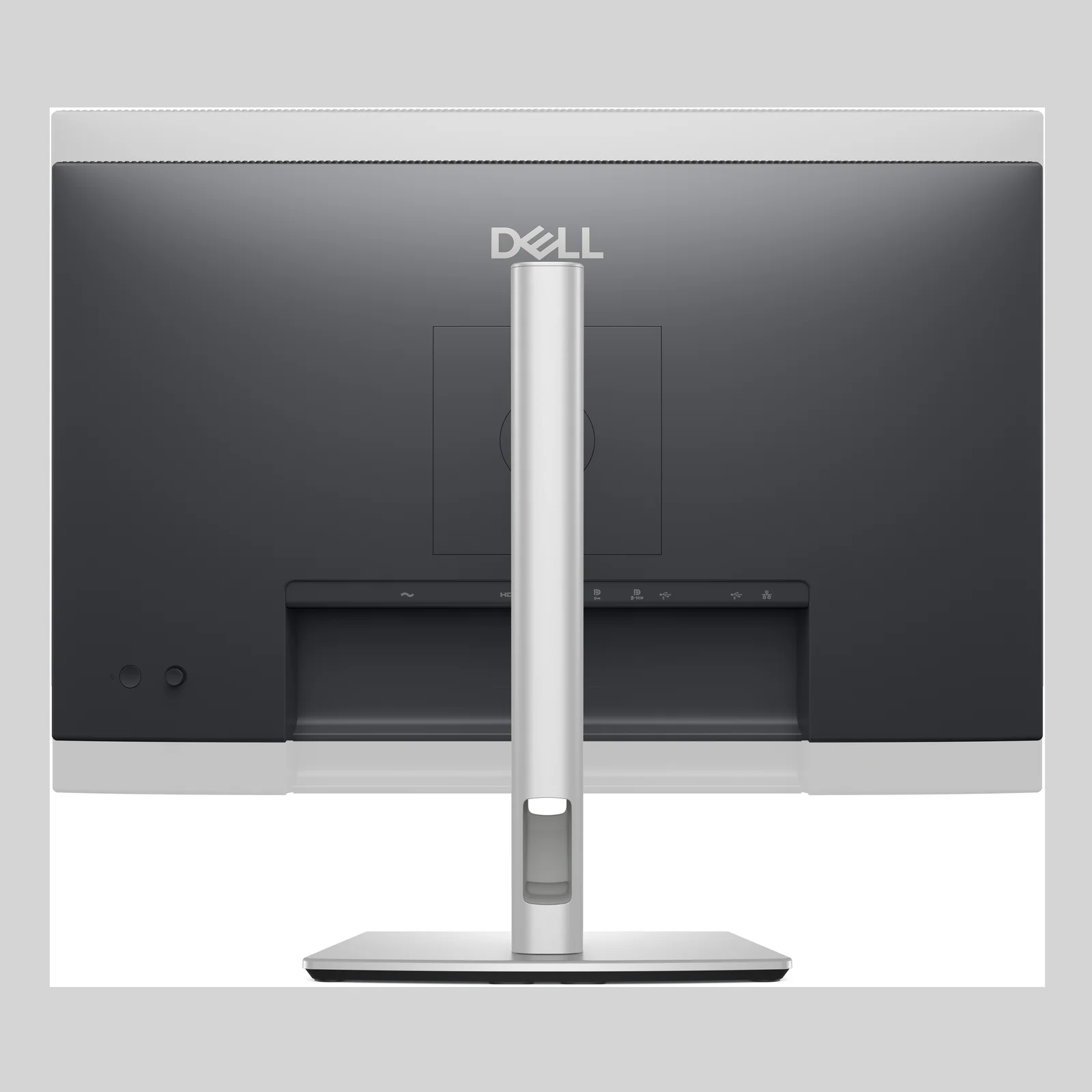 Dell P2425DE, deuxième vue arrière, panneau gris, logo Dell centré, colonne pied argentée