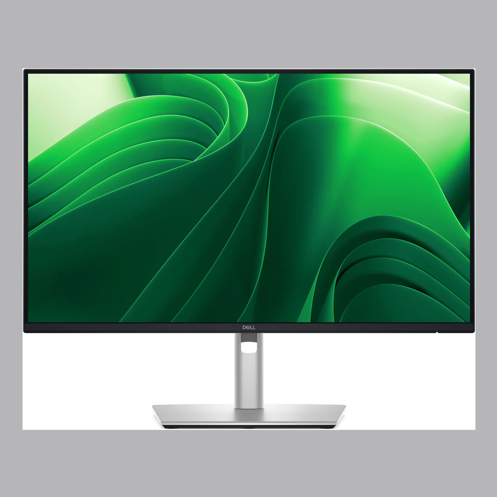 Dell P2425DE, vue frontale directe, pied argenté centré, dalle QHD fond vert
