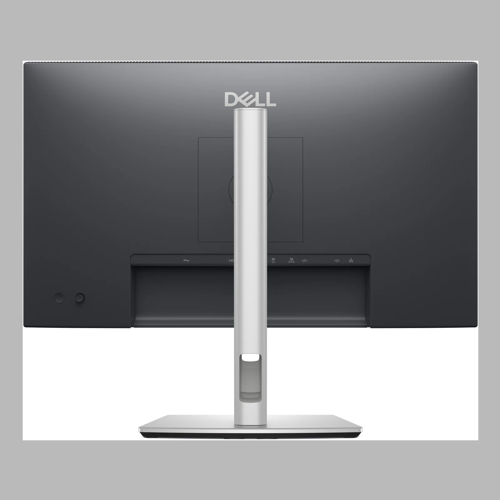 Dell P2425DE, vue arrière, panneau gris anthracite, logo Dell, pied argenté