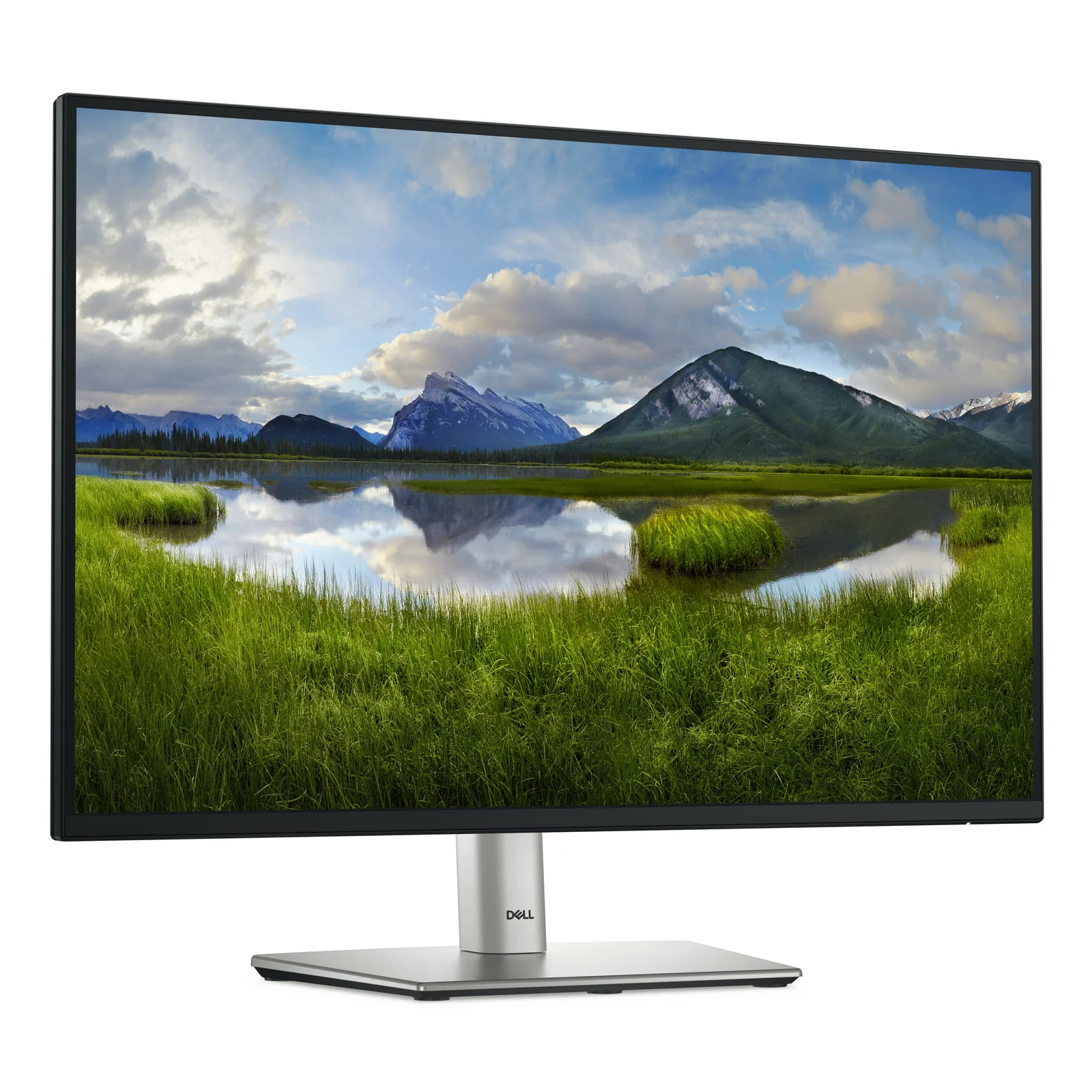 Dell P2425E, vue de face centrée, écran 24 pouces avec bordures fines noires et socle argent