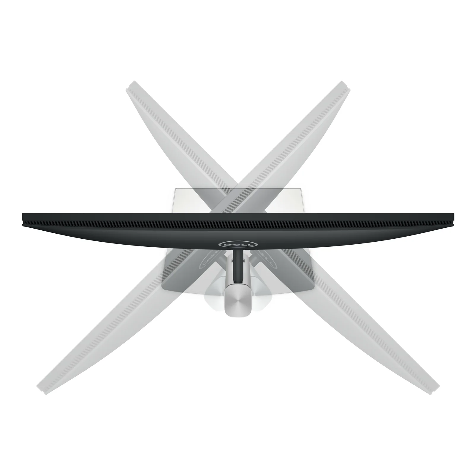 Dell P2425E, vue du dessous, base en croix argent et axe de fixation central noir