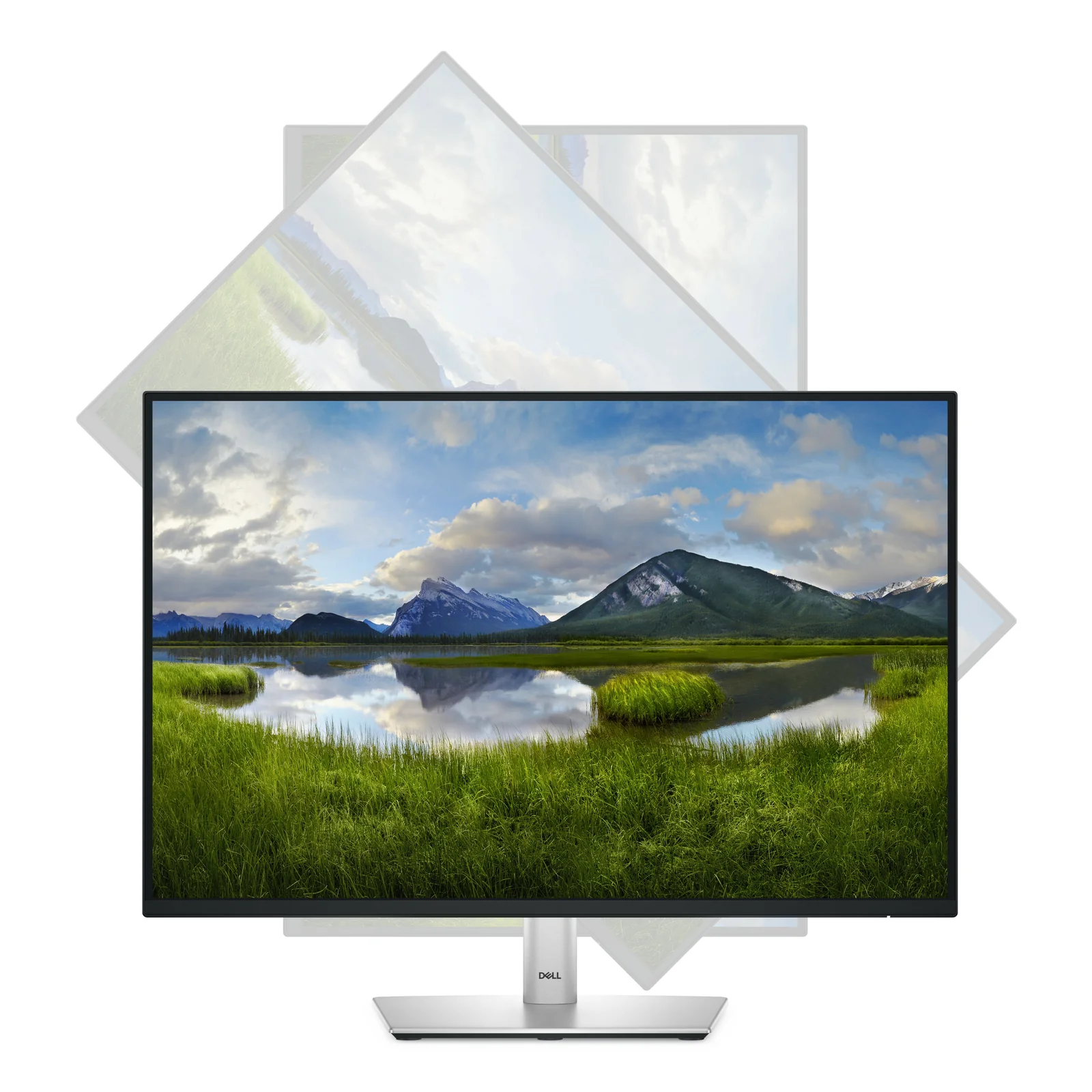 Dell P2425E, vue en angle bas, face avant avec paysage de montagne affiché, pied argent