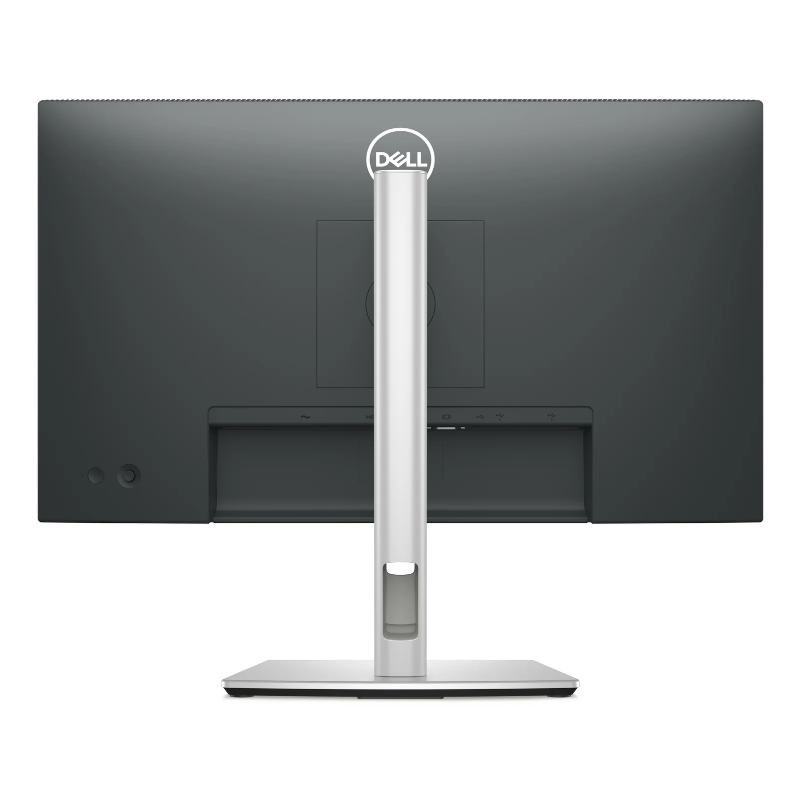 Vue arrière complète avec logo Dell, fixation VESA 100x100 et passage de câbles dans la colonne