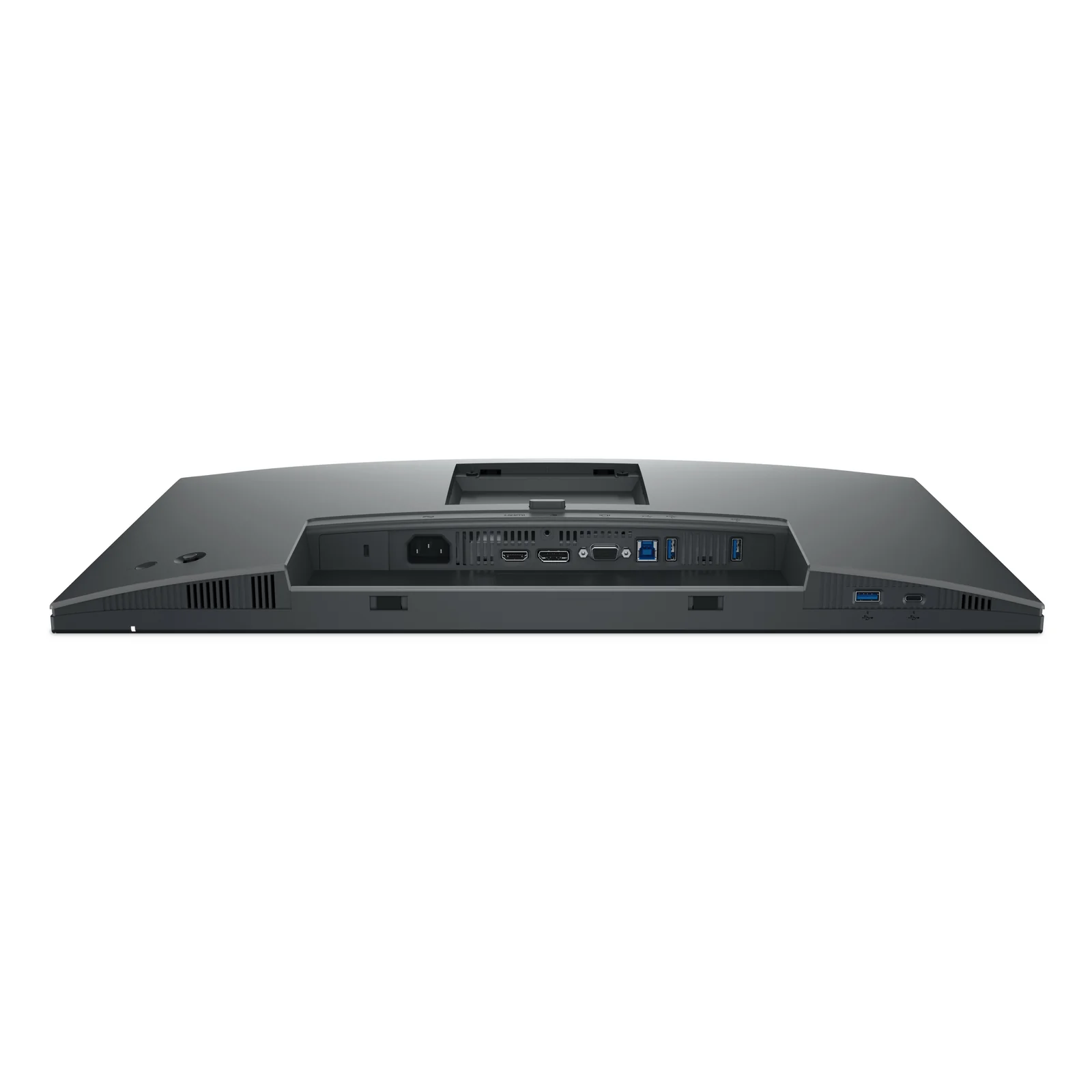 Plan rapproché des connectiques inférieures, alimentation, HDMI, DisplayPort, VGA, USB-B amont et hub USB aval