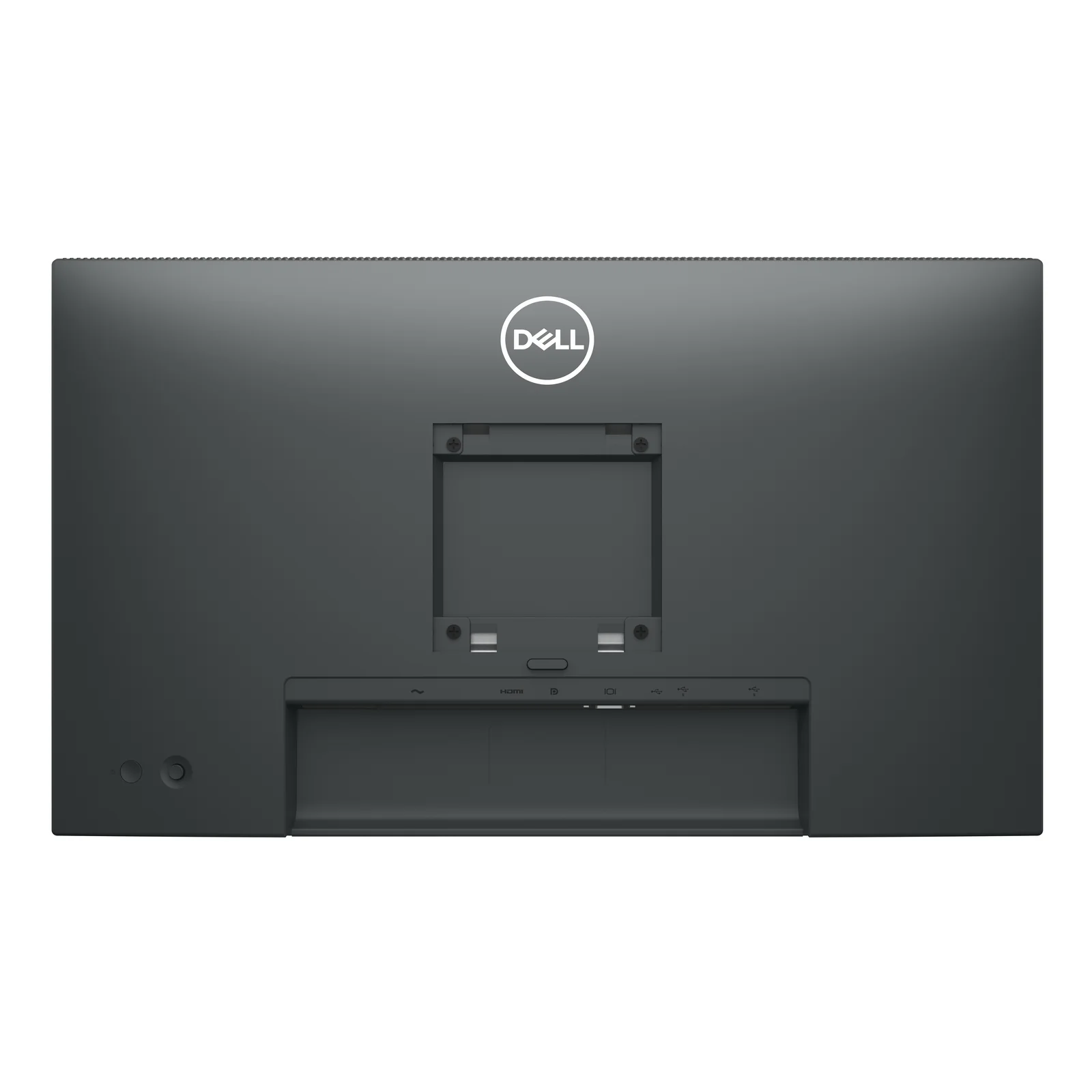 Vue arrière noire avec logo Dell central, emplacement carré de fixation VESA 100x100 mm visible