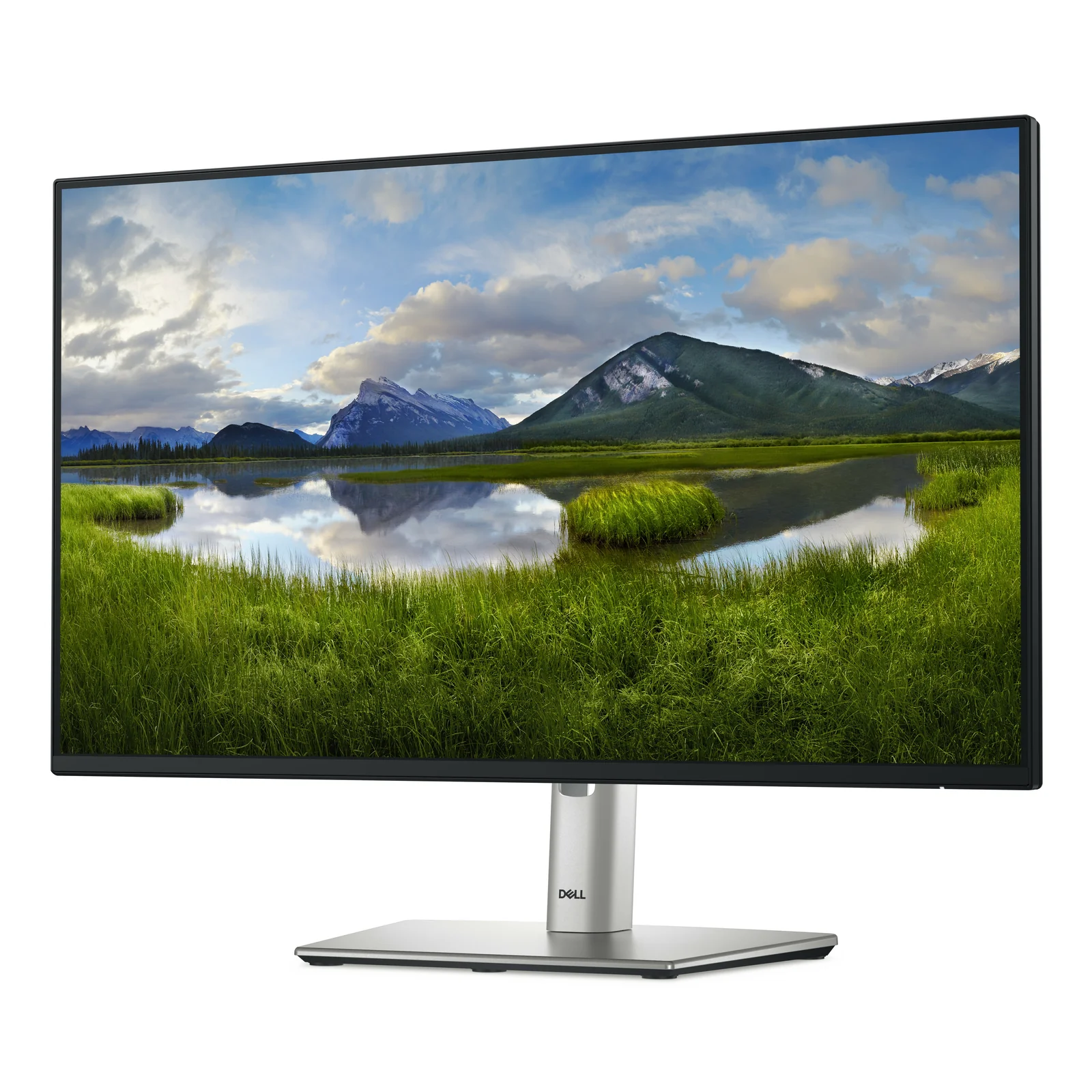 Dell P2425HE vue frontale centrale, paysage affiché, pied gris argenté et socle en croix