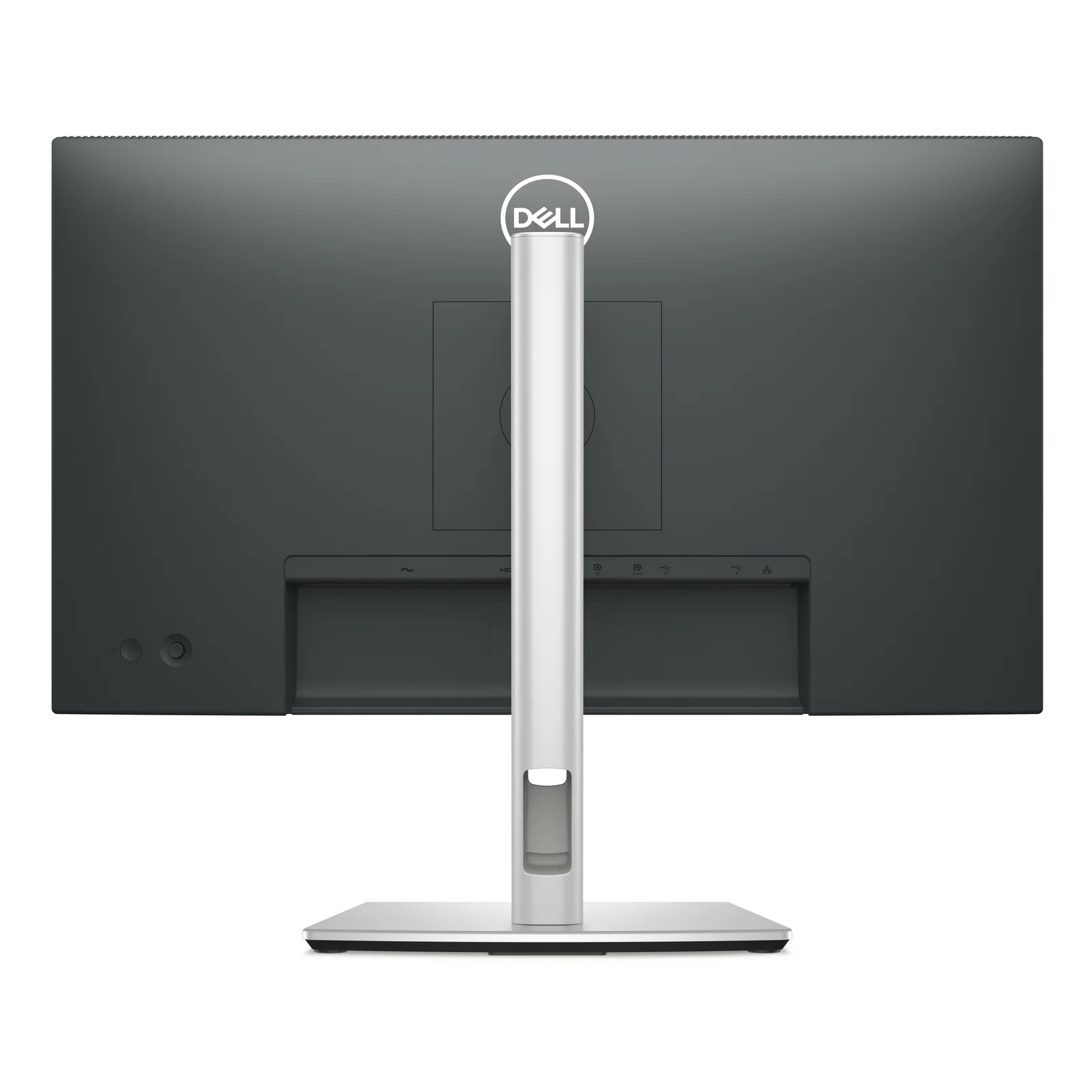 Dell P2425HE vue arrière, logo Dell au centre, rangée de connecteurs dorsaux, pied argenté