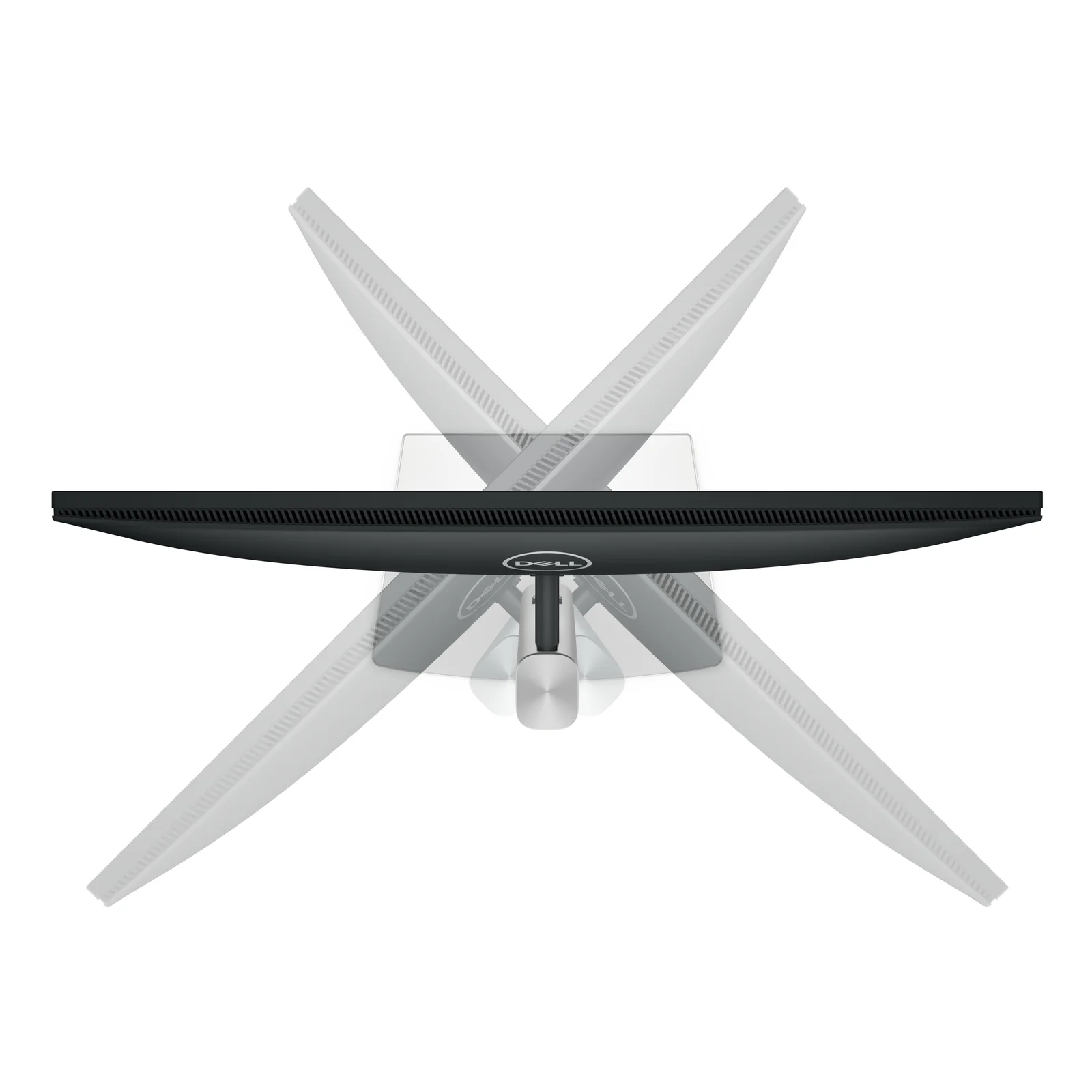 Dell P2425HE vue du dessus, socle en croix à quatre branches argentées sur fond blanc