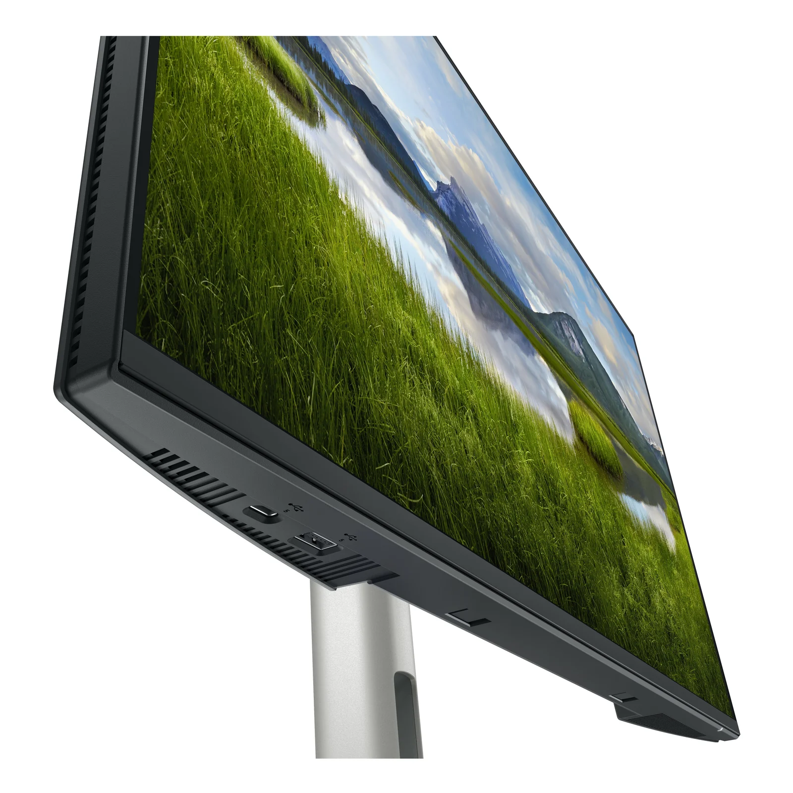 Dell P2425HE vue rasante depuis le bas, bordure inférieure de dalle avec connecteurs visibles
