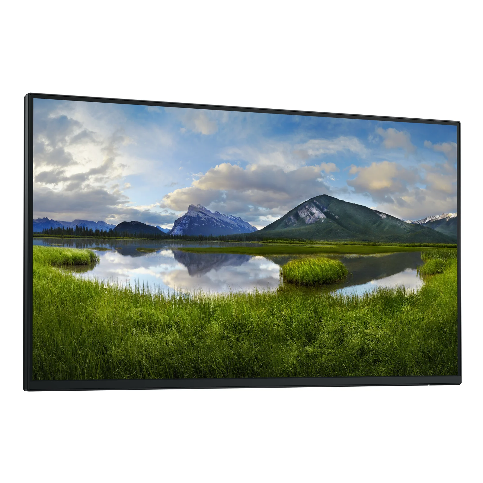Vue trois quarts droite de l'écran 24 pouces sans socle affichant le même paysage