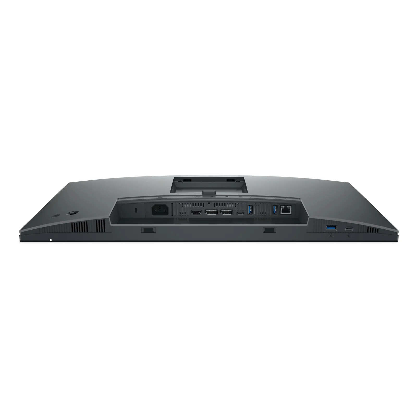 Vue de dessous de l'écran exposant HDMI, DisplayPort entrée et sortie, USB-C amont, ports USB-A aval et port Ethernet RJ45