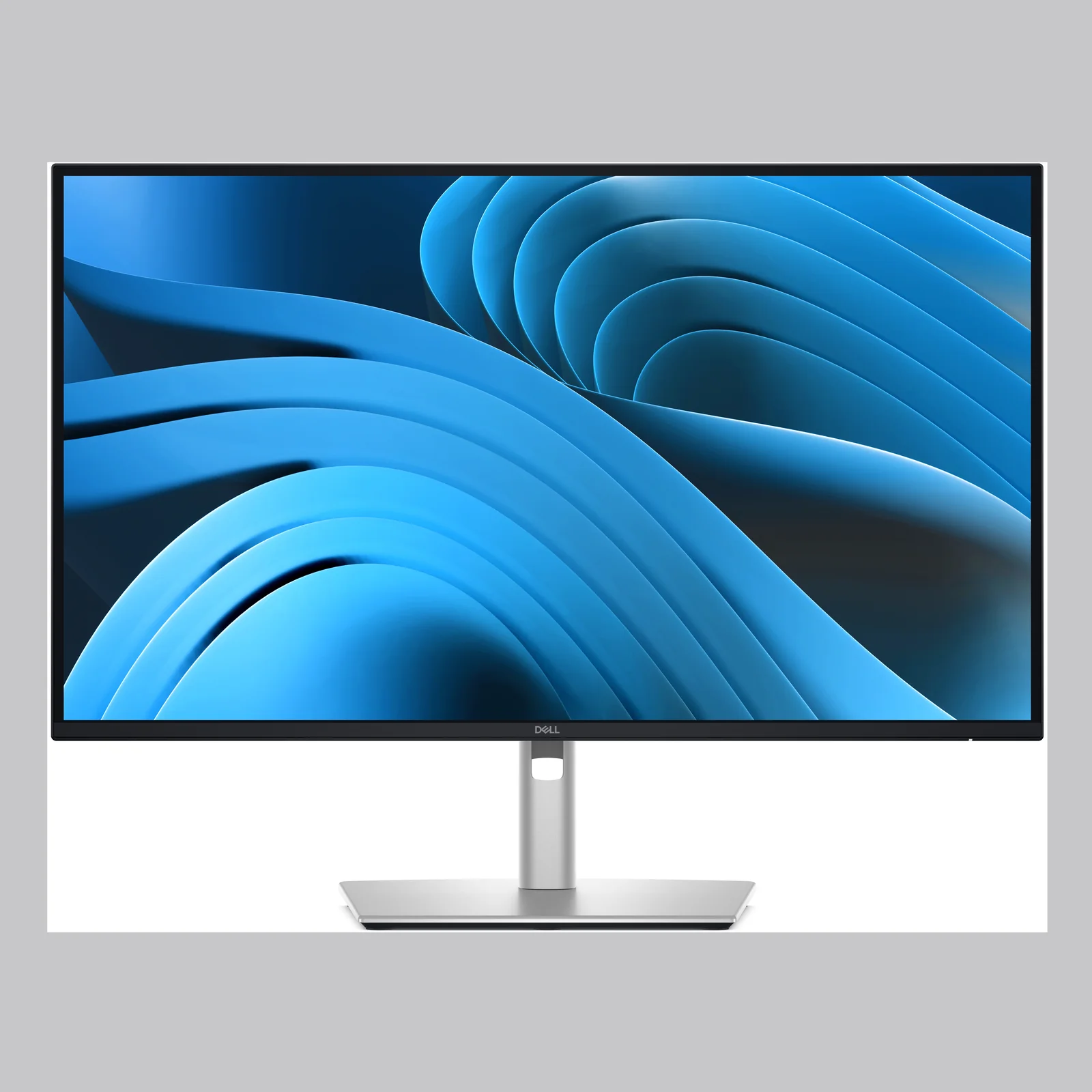 Vue de face du moniteur 4K affichant un fond bleu abstrait, pied à base plate argentée