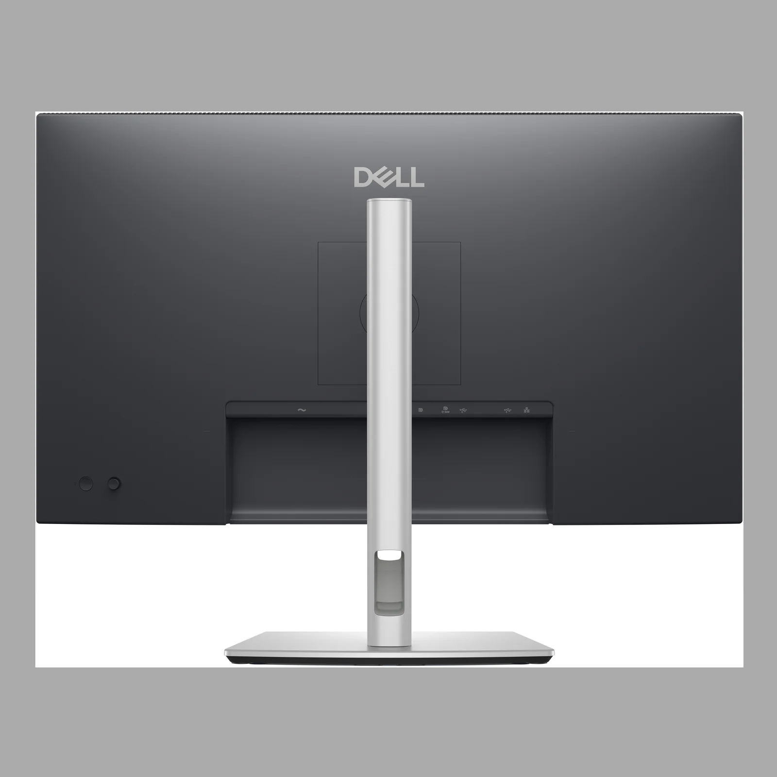 Vue arrière du moniteur, logo Dell central, passage de câble dans la colonne et hub de ports en bas