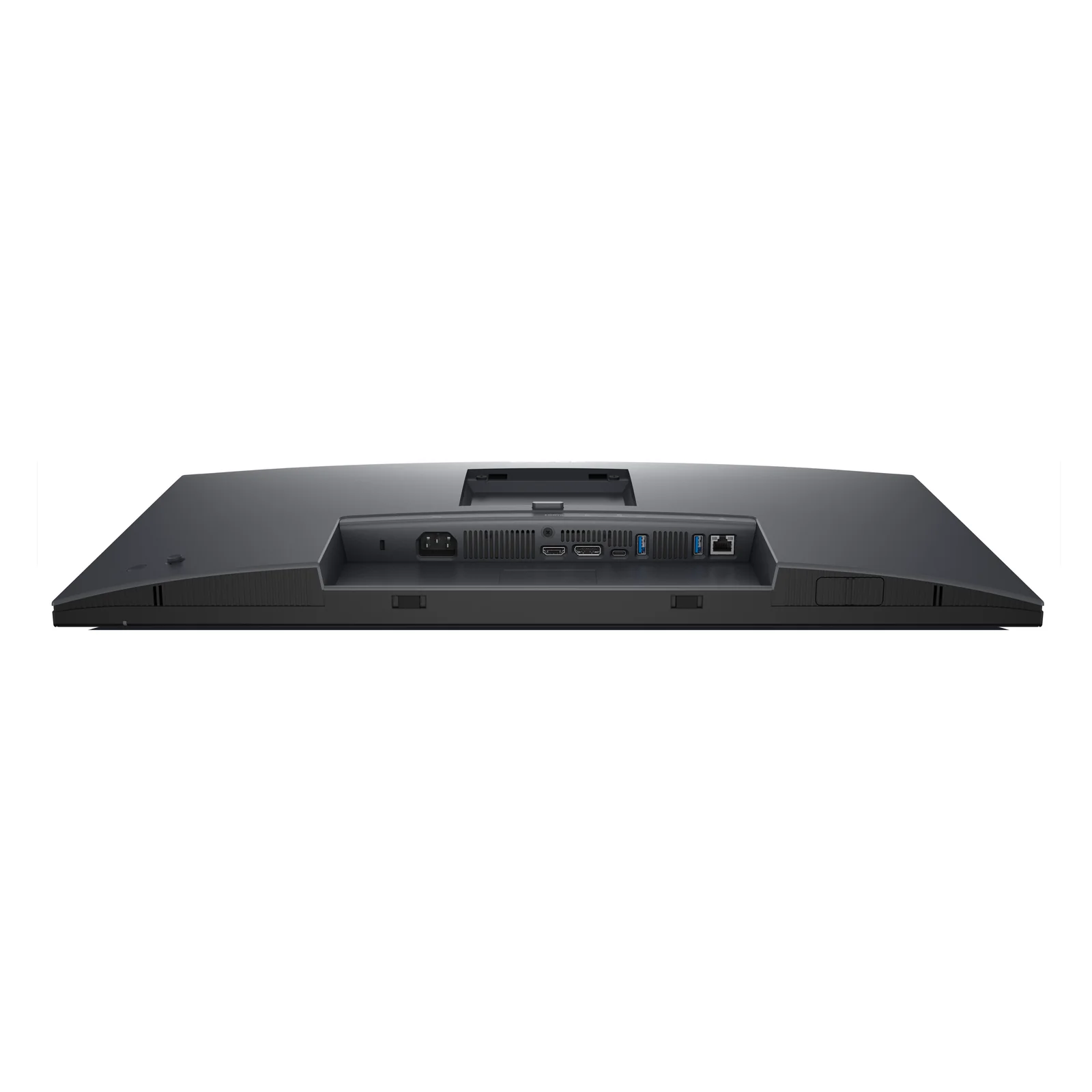 Vue de dessous du moniteur exposant la rangée de ports HDMI, DisplayPort, USB-C amont, USB-A et RJ45