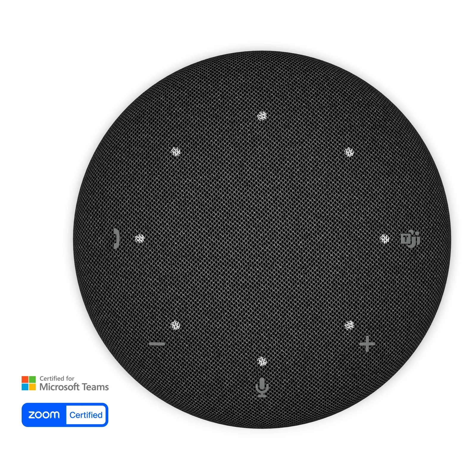Vue de dessus du speakerphone montrant la grille tissu avec ouvertures des 4 microphones autour du centre et logos de certification Microsoft Teams et Zoom