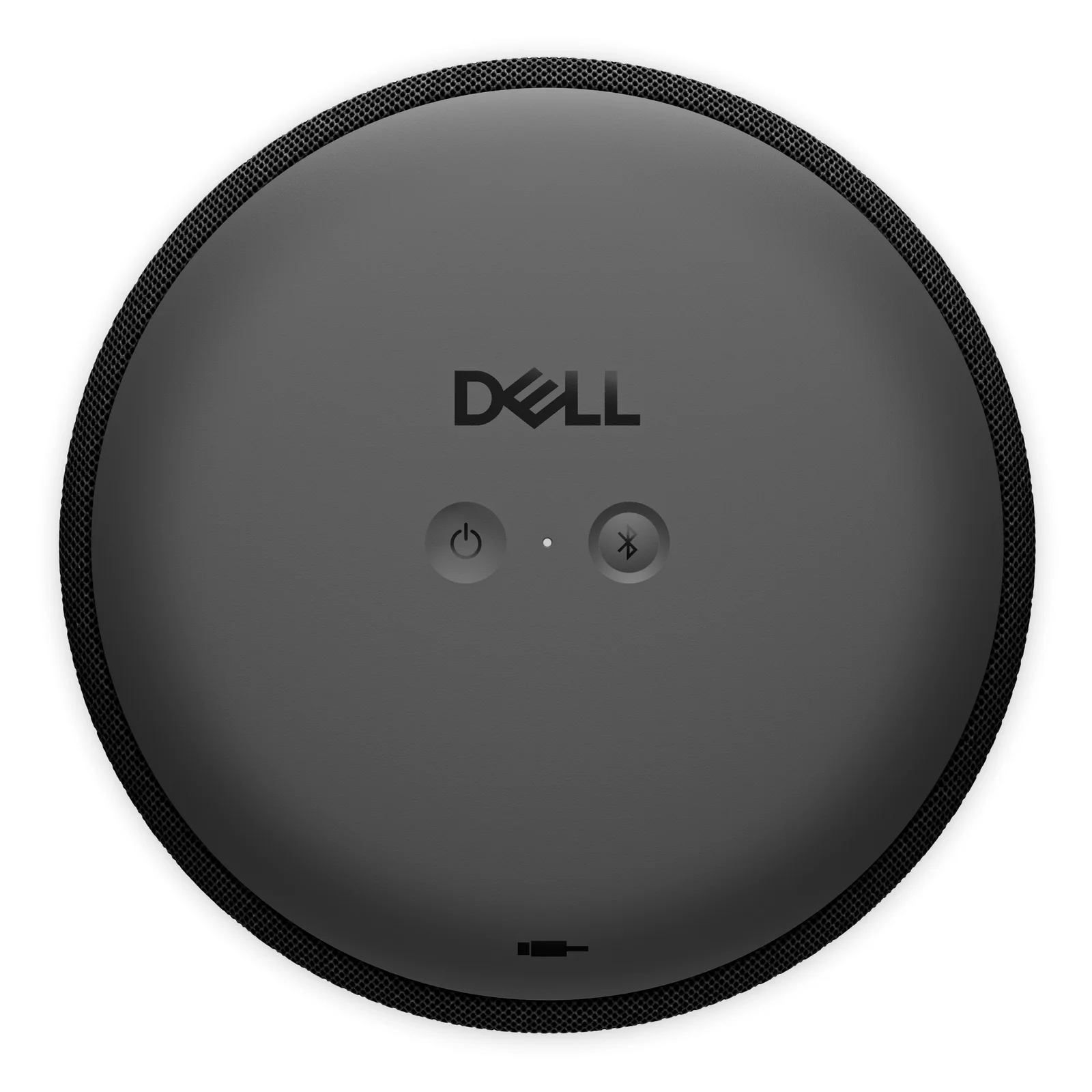 Vue de dessous du speakerphone avec logo Dell, bouton d'alimentation, bouton d'appairage Bluetooth et indicateur de batterie