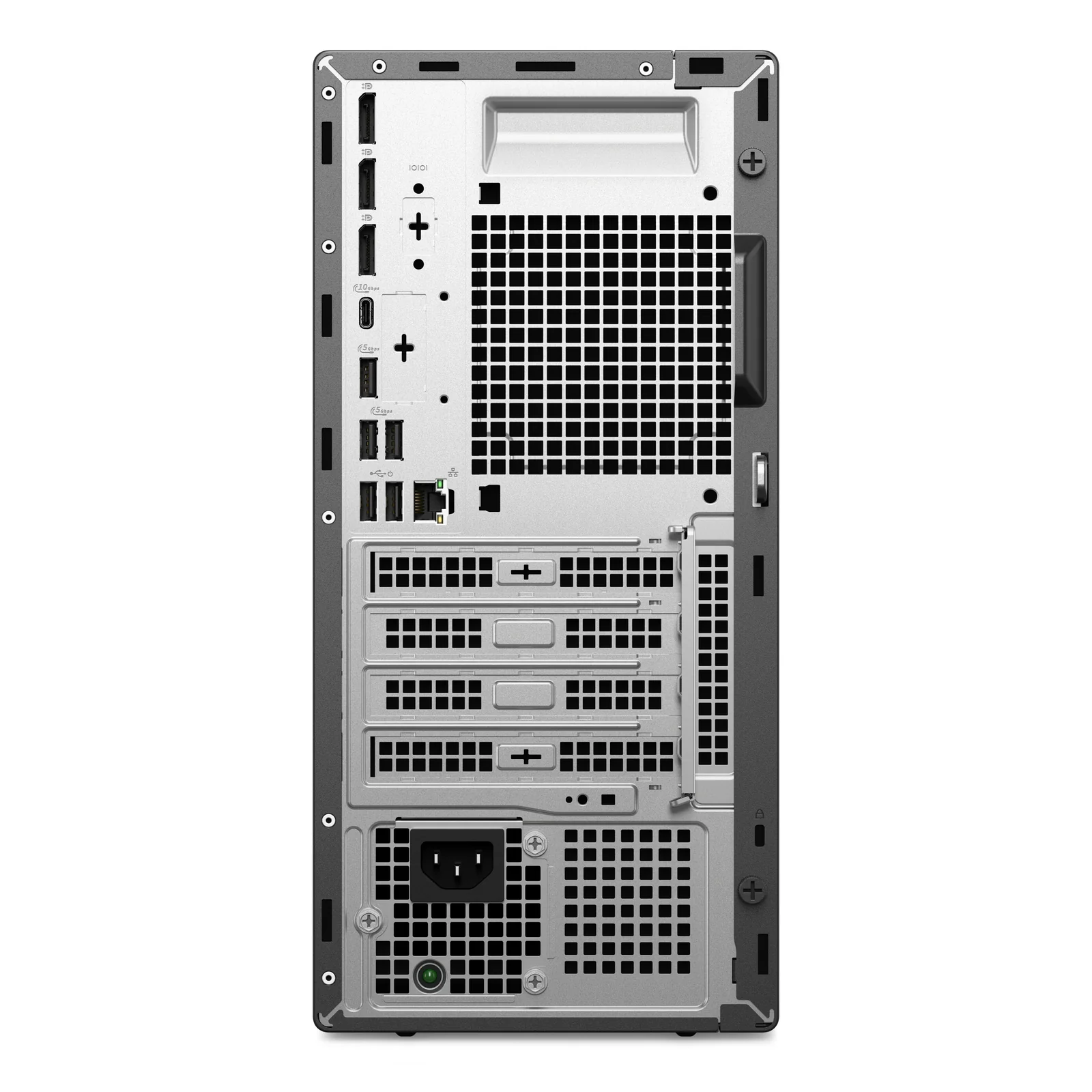 Panneau arrière détaillé montrant 3 DisplayPort, USB-C, USB-A, RJ-45 Gigabit, slots PCIe et bloc d'alimentation