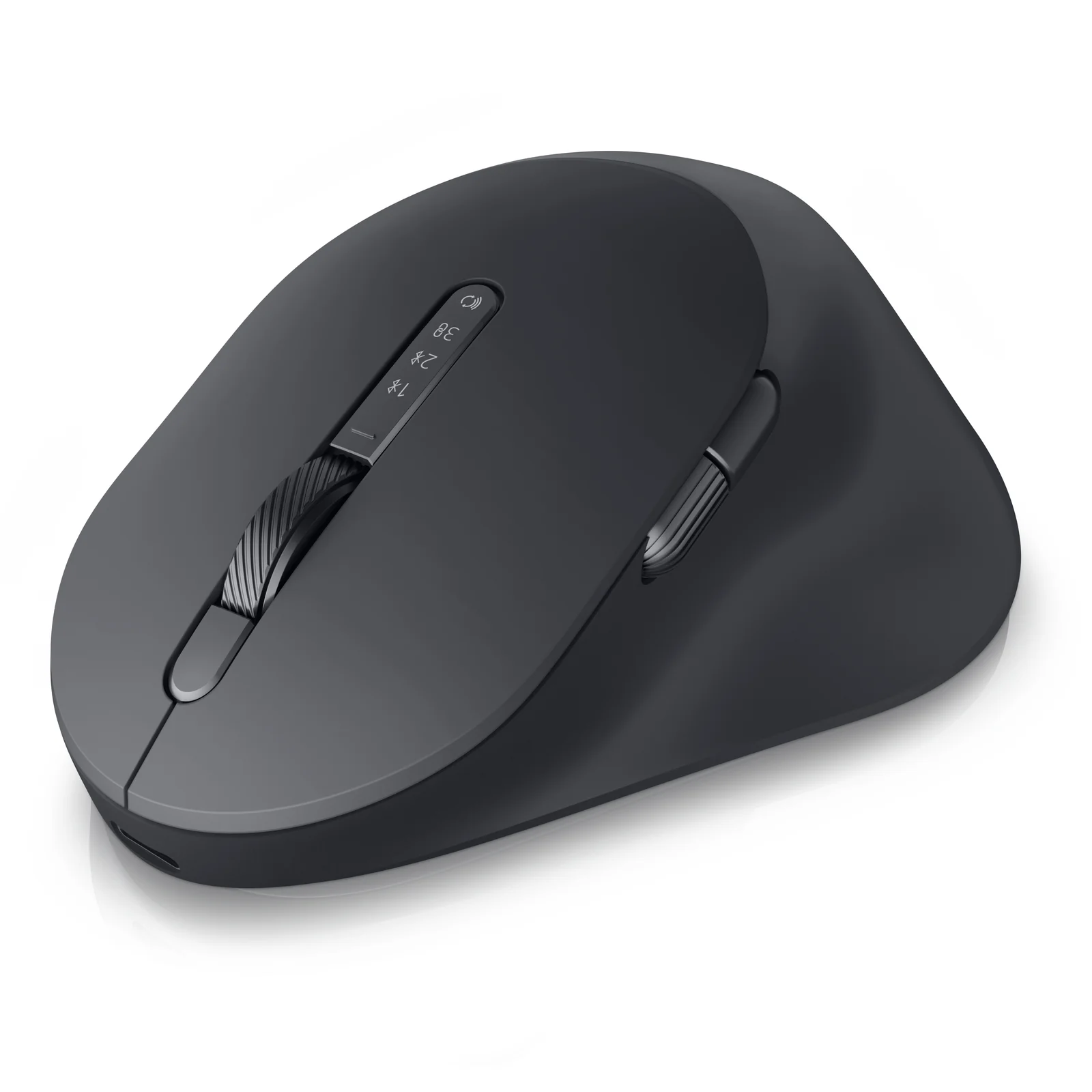 Souris ergonomique graphite vue de trois quarts, coque sculptée pour droitier, double molette et indicateurs d'appairage