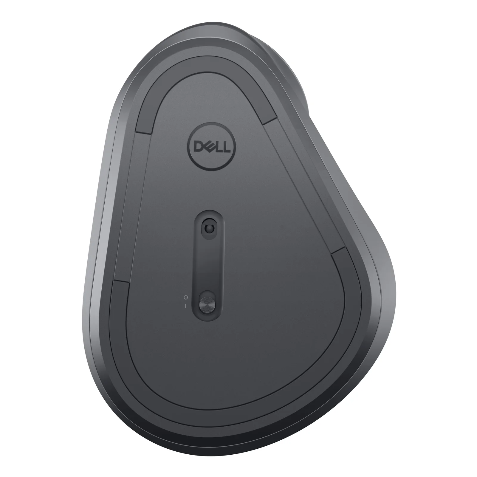 Vue du dessous de la souris avec logo Dell central et interrupteur marche-arrêt à glissière