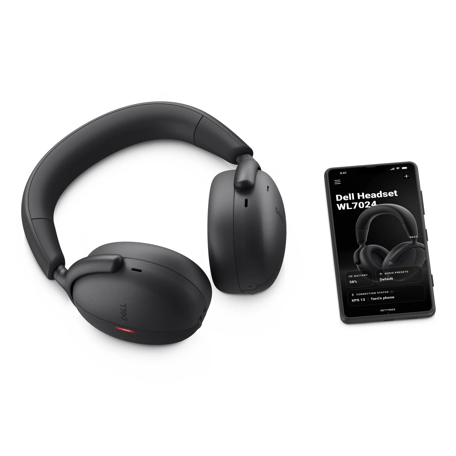 Casque replié posé à côté d'un smartphone affichant l'application compagnon avec niveau de batterie et préréglages audio