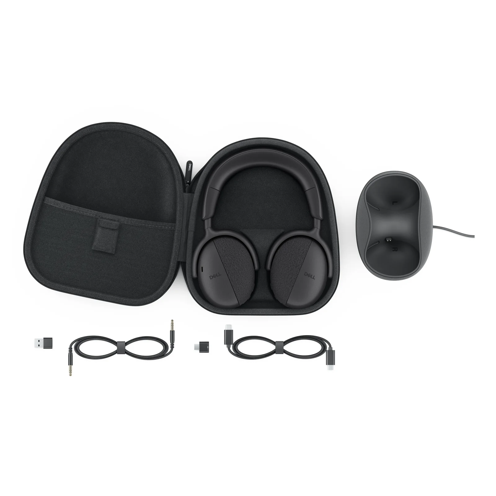 Contenu de la boîte avec étui de transport, casque, station de charge, câble jack 3,5 mm, câble USB-C et adaptateur USB-A