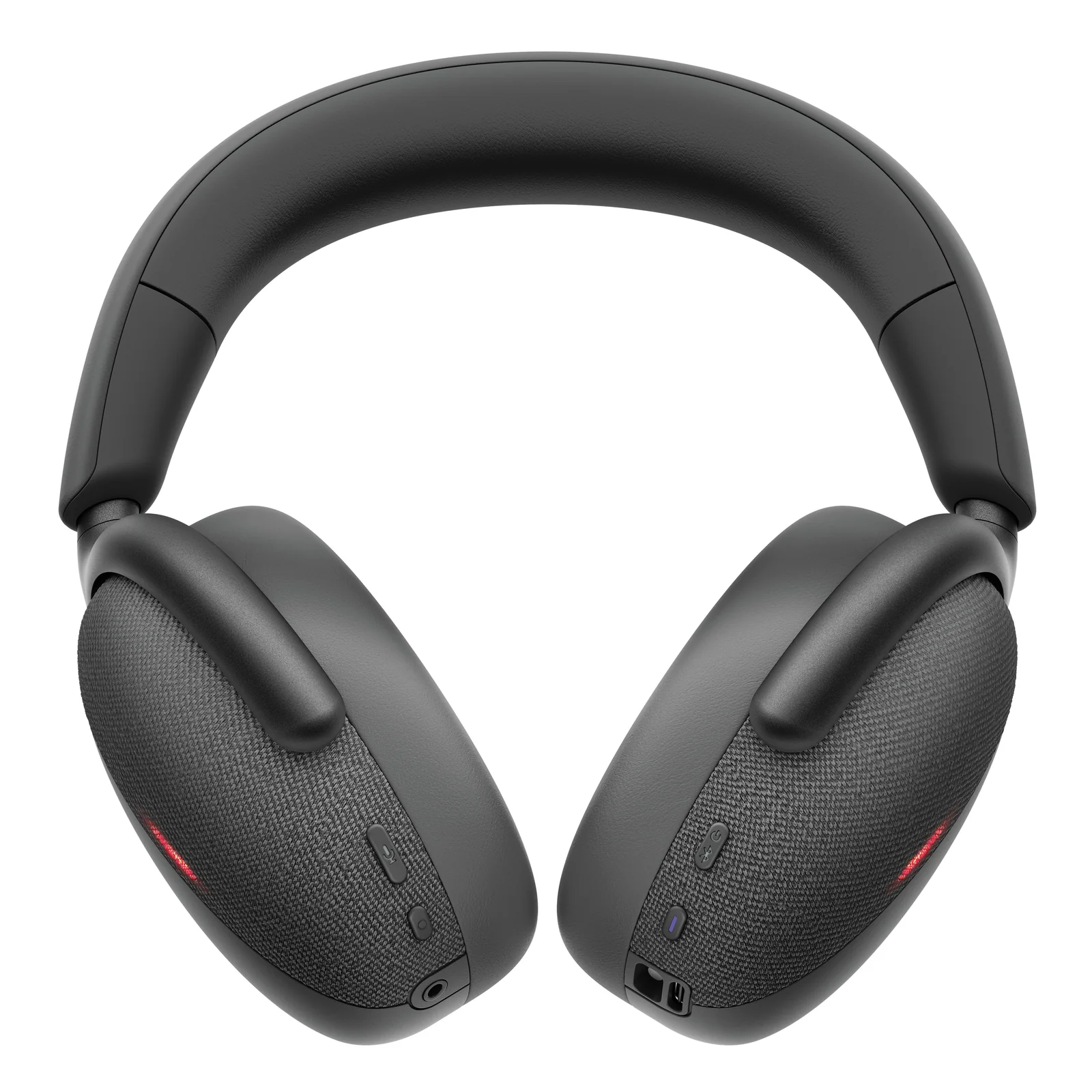 Vue arrière du casque montrant les coques en tissu noir avec accent rouge et boutons de commande latéraux