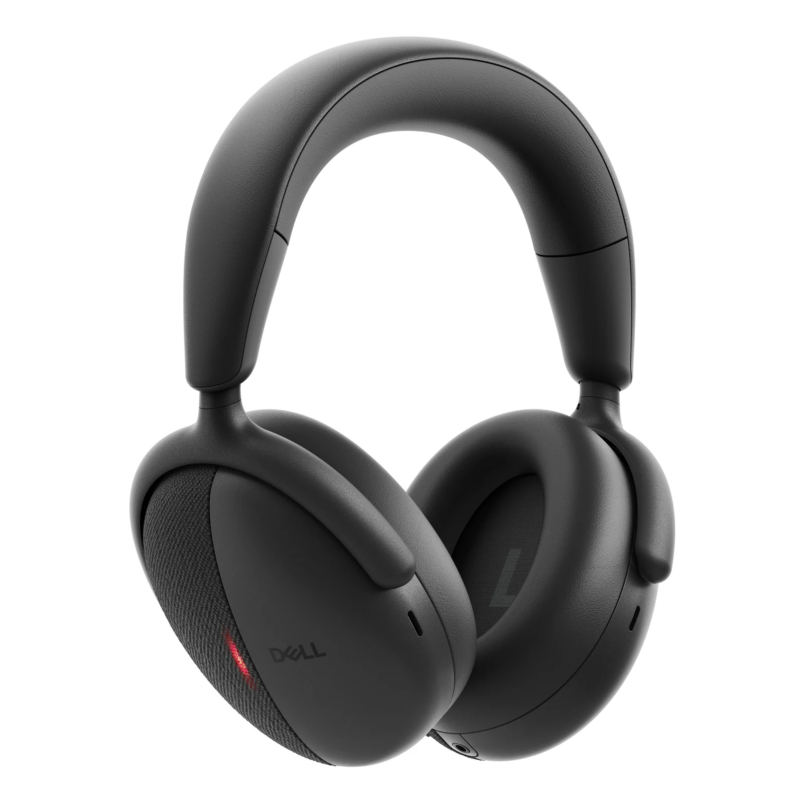 Casque vu de trois quarts, coussinets épais en mousse mémoire et logo Dell discret sur la coque tissée
