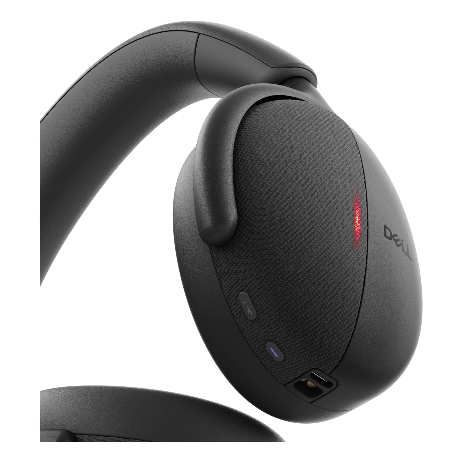 Détail des commandes physiques sur la coque, finition mate avec logo Dell et accent rouge