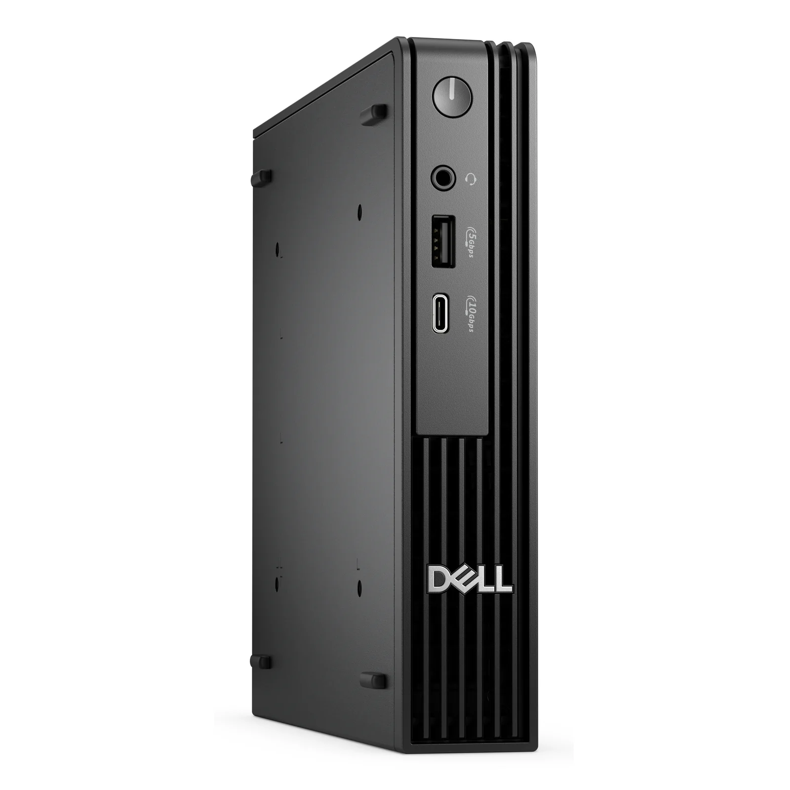 Mini PC noir vu en perspective trois quarts, façade avant à gauche et flanc latéral plein du châssis ultra compact