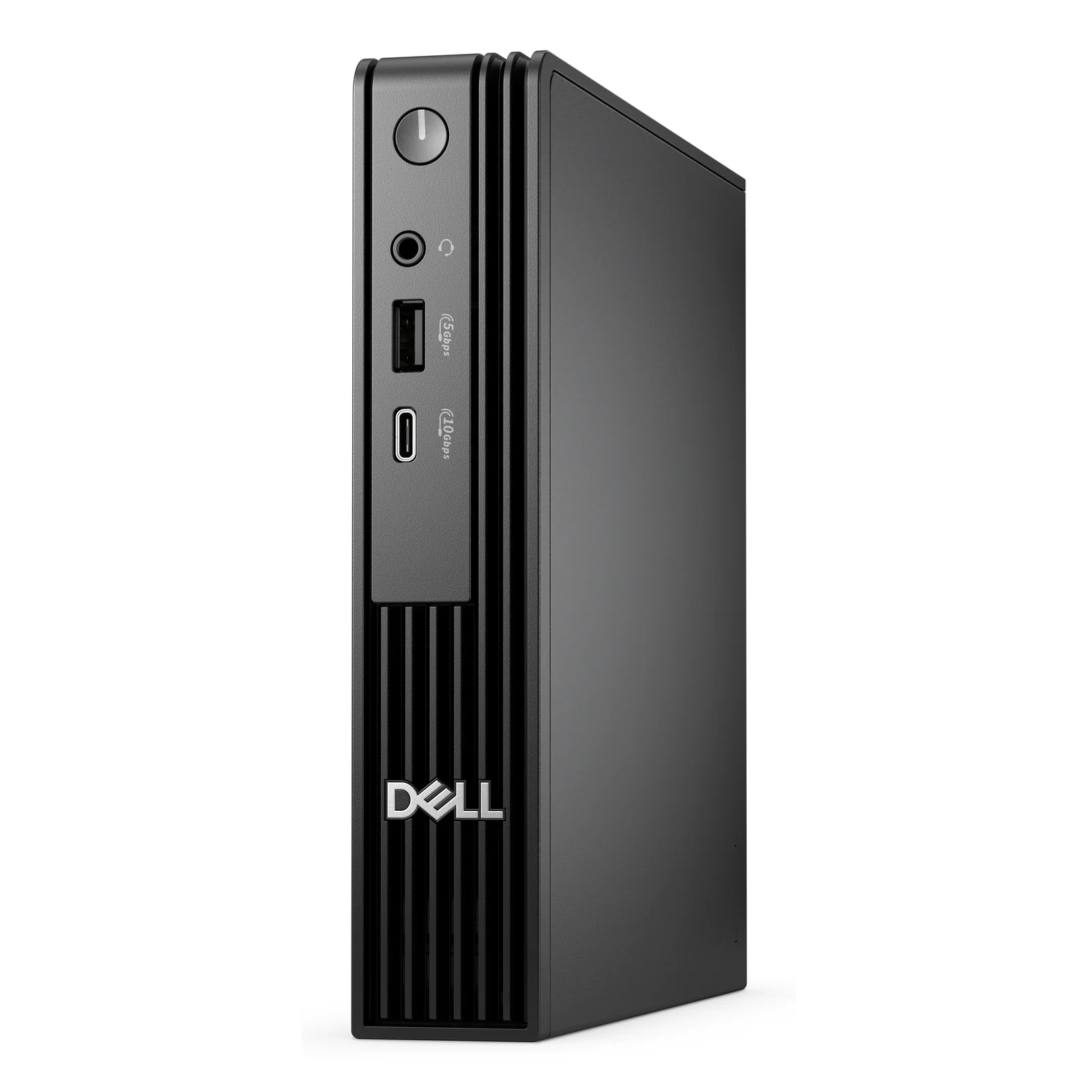 Vue trois quarts du mini PC noir, bandeau ventilé en façade portant le logo Dell, châssis sobre adapté au montage VESA